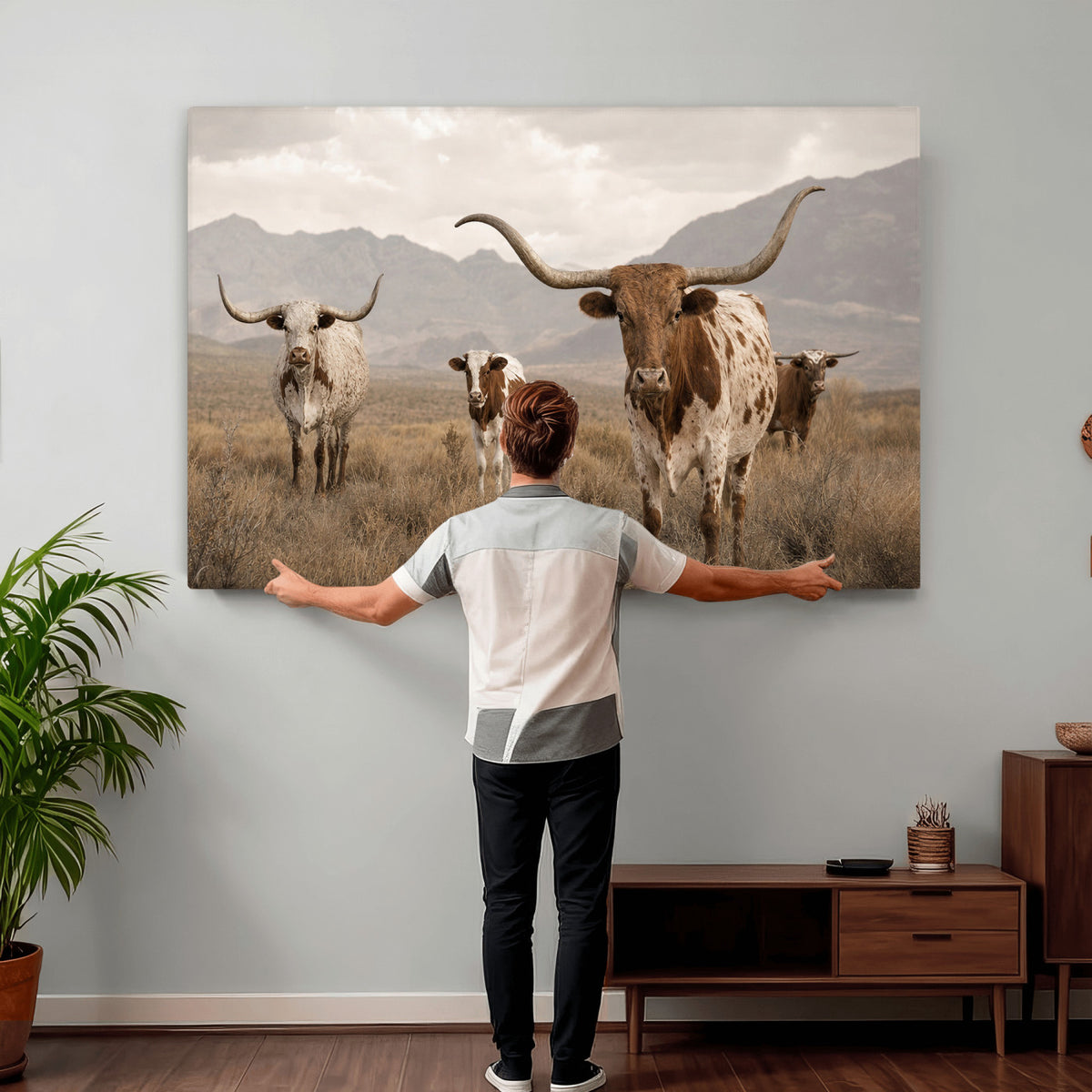 62336425AD-MGV-CV-36X24 - Rustic Texas Longhorn Cow Canvas Wall Art Print, Rustic Farm Animal Photography Print, Farmhouse Country Decor, Western Ranch Art