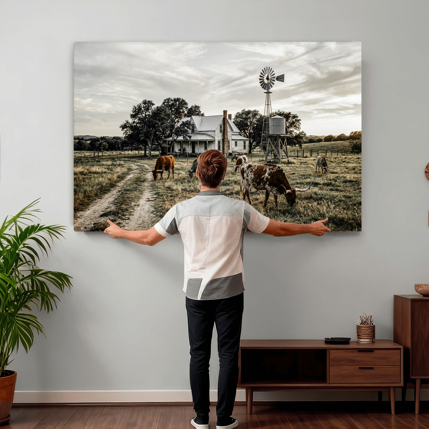 92429425-MGV-CV-36X24 - Texas Longhorn Ranch Wall Art Canvas Print, Rustic Western Farmhouse Decor, Country Landscape Canvas Wall Art, Vintage Cowboy Ranch Picture