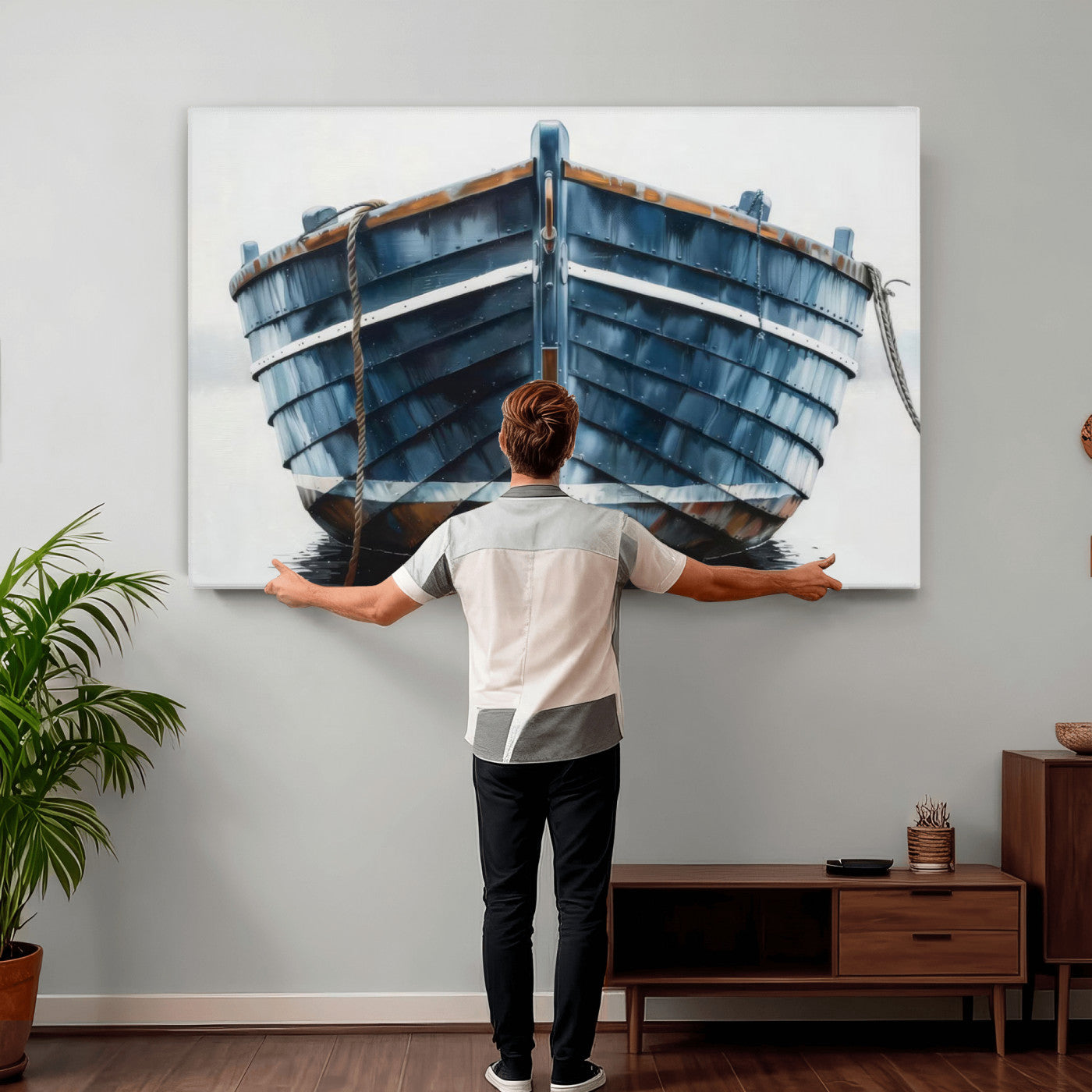 21601740-MGV-CV-36X24 - Blue Wooden Rowboat Canvas Wall Art, Coastal Nautical Boat Painting Print for Lake Beach House Decor, Minimalist Maritime Decor Artwork
