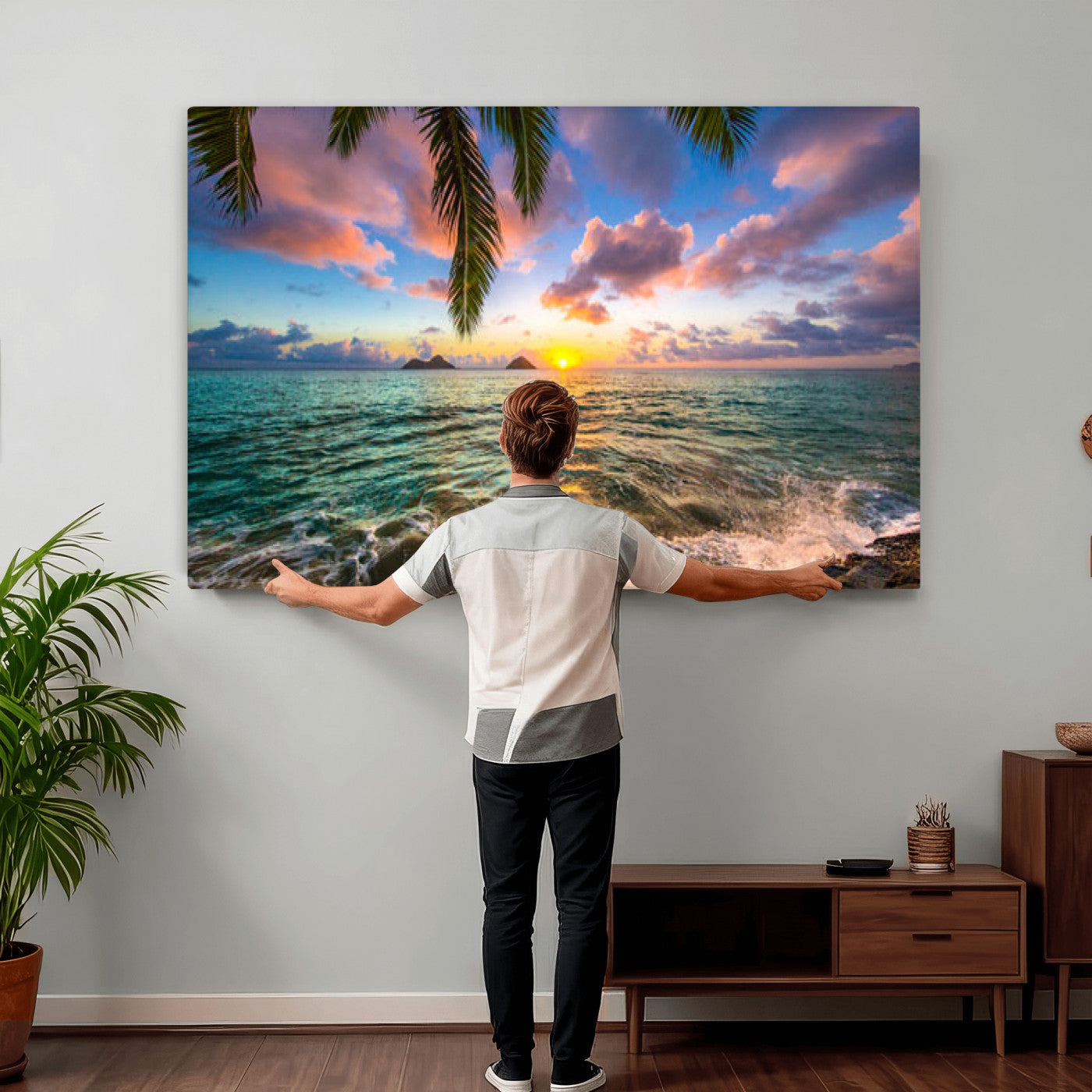 13207742-MGV-CV-36X24 - Hawaii Beach Sunset Canvas Wall Art Print, Tropical Ocean Landscape Artwork, Palm Tree Coastal Decor for Living Room Bedroom