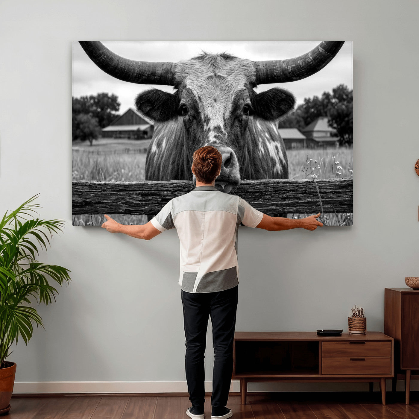 59378683B-MGV-CV-36X24 - Black White Texas Longhorn Bull Canvas Wall Art, Western Ranch Cattle Photography Print, Rustic Farmhouse Cowboy Decor Artwork