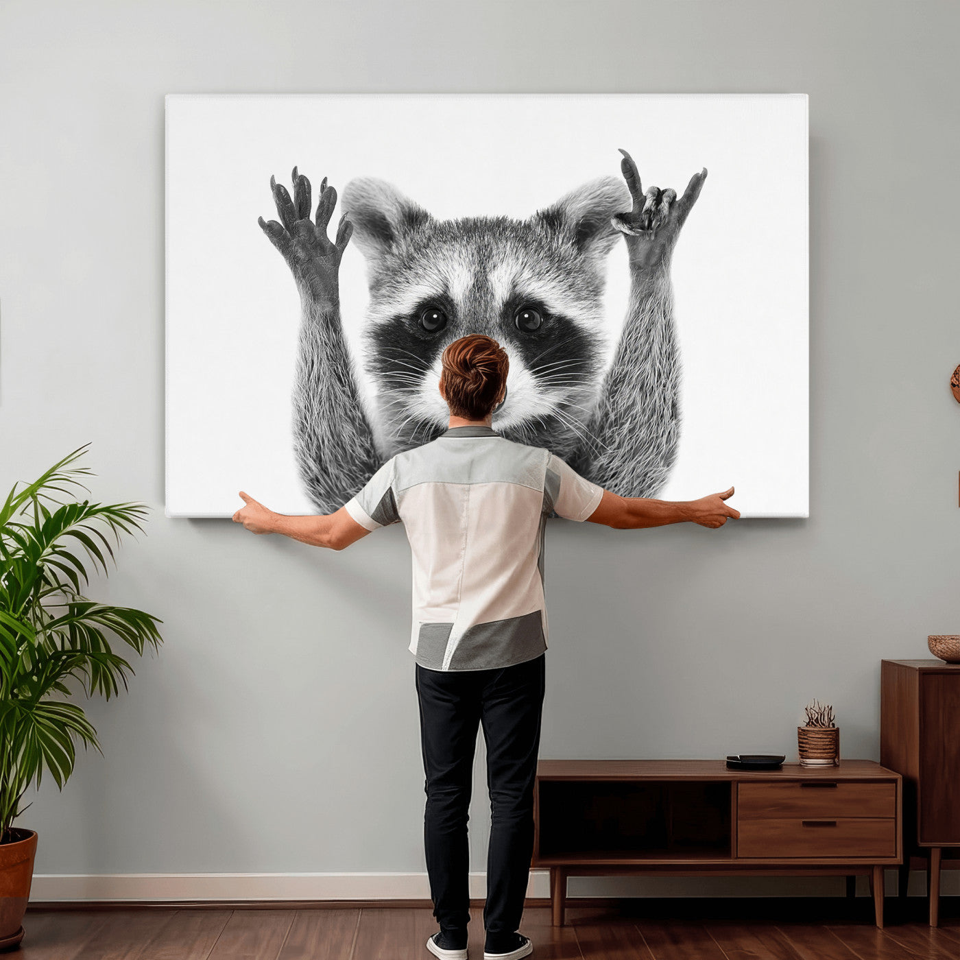 82392228-MGV-CV-36X24 - Funny Raccoon Canvas Wall Art, Black White Hands Up Animal Photo Print, Humorous Wildlife Decor, Kids Room Nursery Art, Quirky Animal Gift