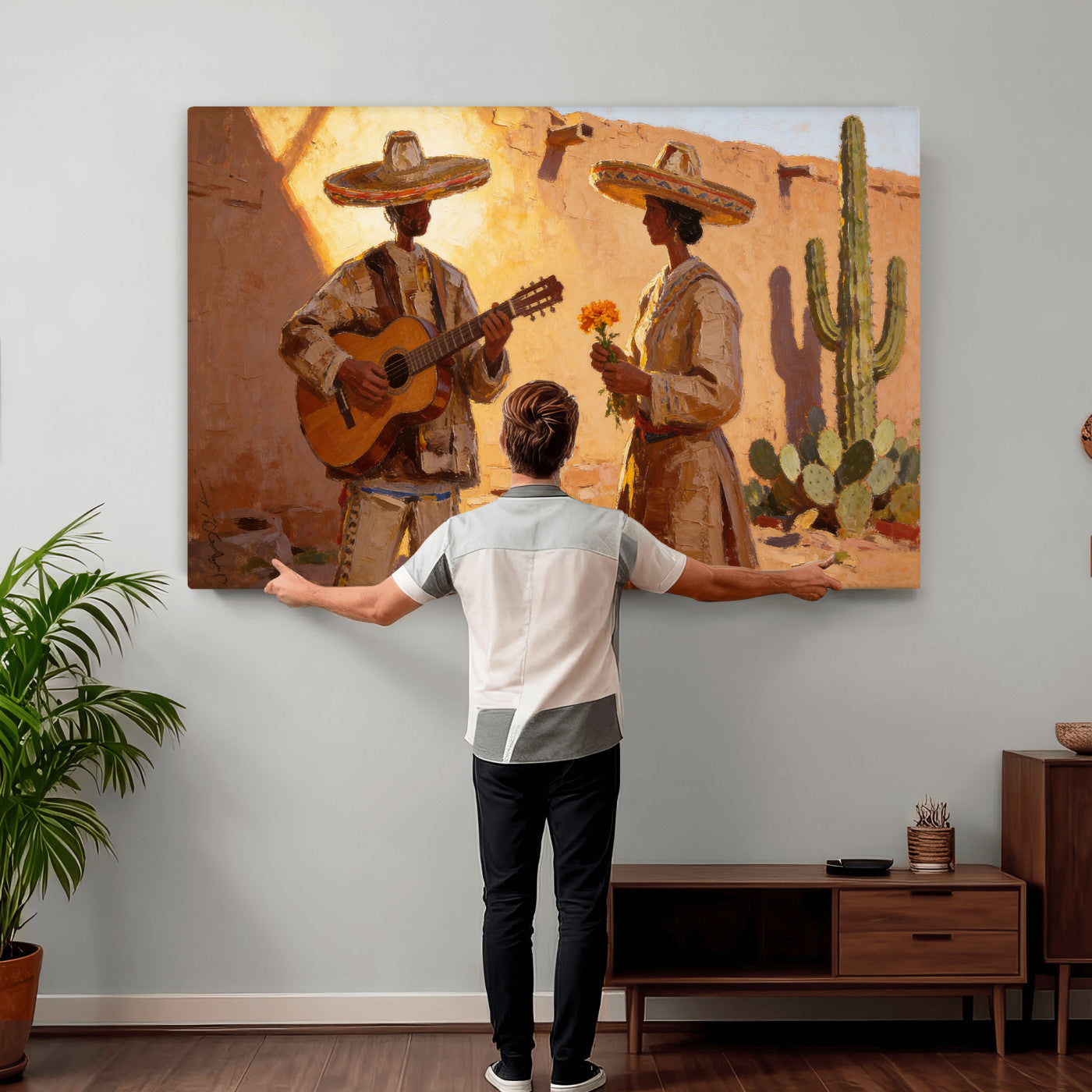41849005-MGV-CV-36X24 - Mexican Couple Canvas Wall Art, Romantic Serenade Guitar Painting Print, Southwestern Desert Adobe Decor, Warm Golden Folk Art, Living Room Art