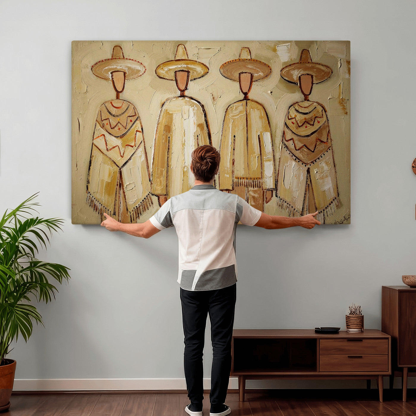 46071653-MGV-CV-36X24 - Mexican Folk Art Canvas Wall Art, Charro Poncho Sombrero Painting Print, Neutral Beige Boho Decor, Southwestern Impasto Style, Living Room Art