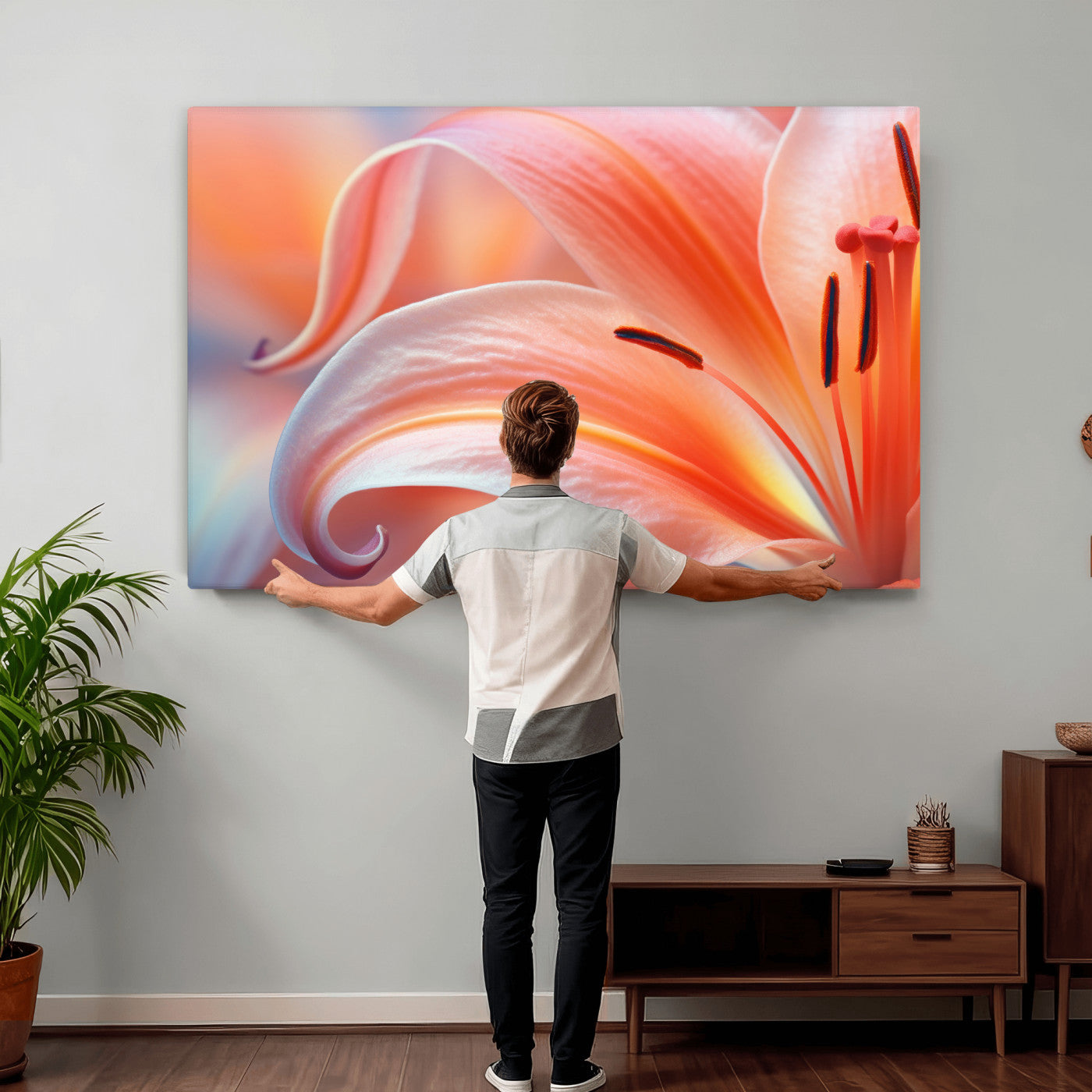 69566231-MGV-CV-36X24 - Peach Lily Canvas Wall Art, Coral Pink Flower Macro Photo Print, Botanical Bedroom Decor, Soft Floral Photography, Living Room Wall Art