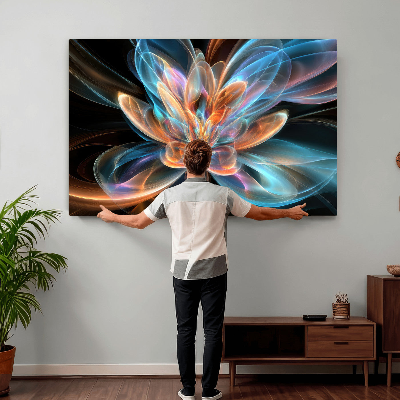 91902283-MGV-CV-36X24 - Fractal Lotus Canvas Wall Art, Blue Orange Glowing Flower Abstract Print, Modern Zen Meditation Room Decor, Ethereal Digital Art, Living Room