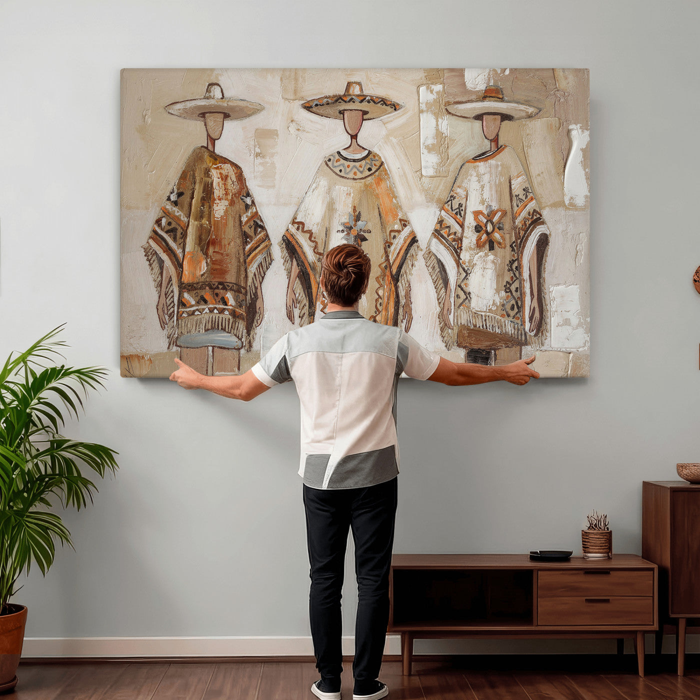 85373290-MGV-CV-36X24 - Mexican Folk Art Canvas Wall Art, Charro Poncho Sombrero Painting Print, Neutral Beige Boho Decor, Southwestern Impasto Style, Living Room Art