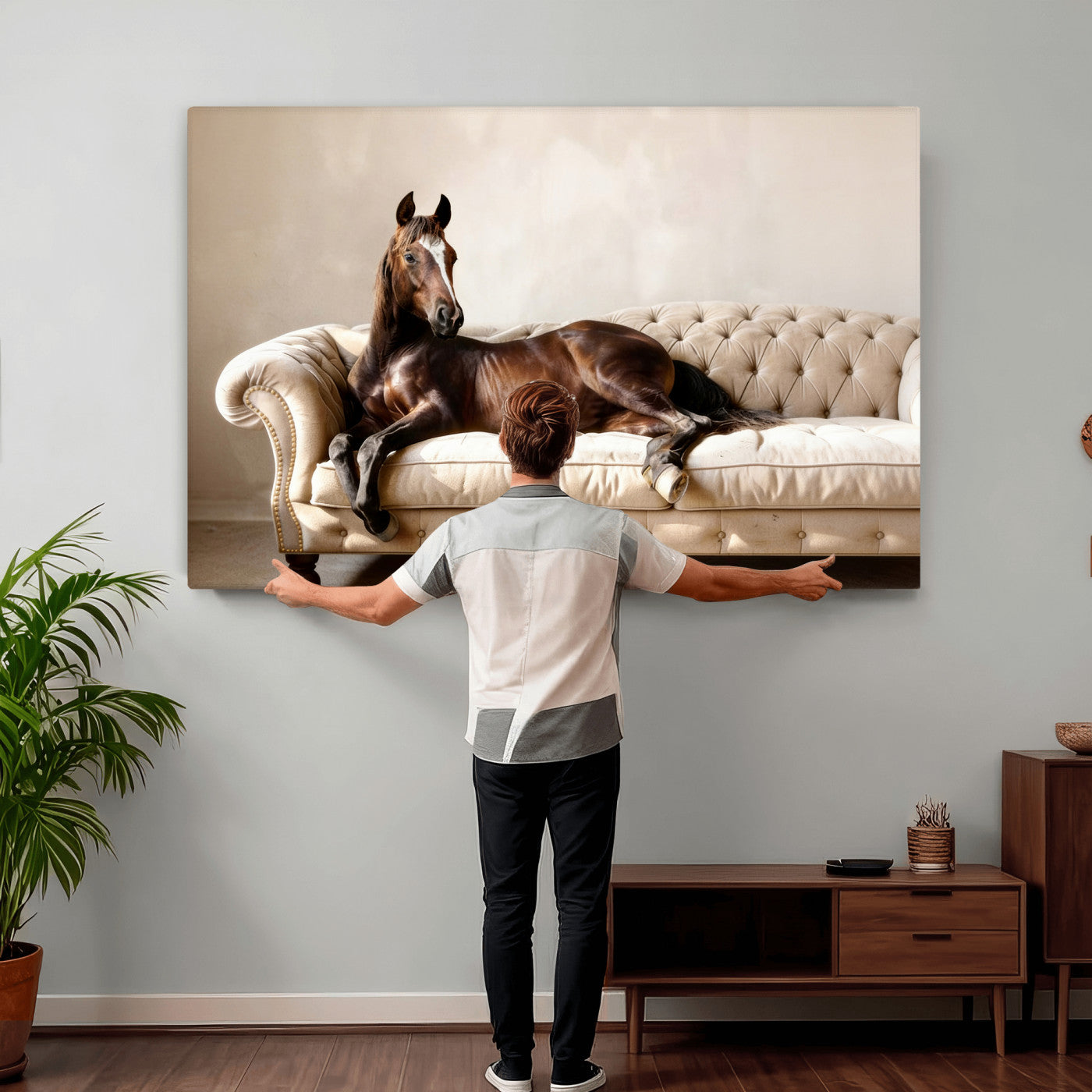 17716841-MGV-CV-36X24 - Funny Horse on Sofa Canvas Wall Art, Quirky Horse Lounging Photo Print, Whimsical Animal Decor, Living Room Conversation Art, Horse Lover Gift