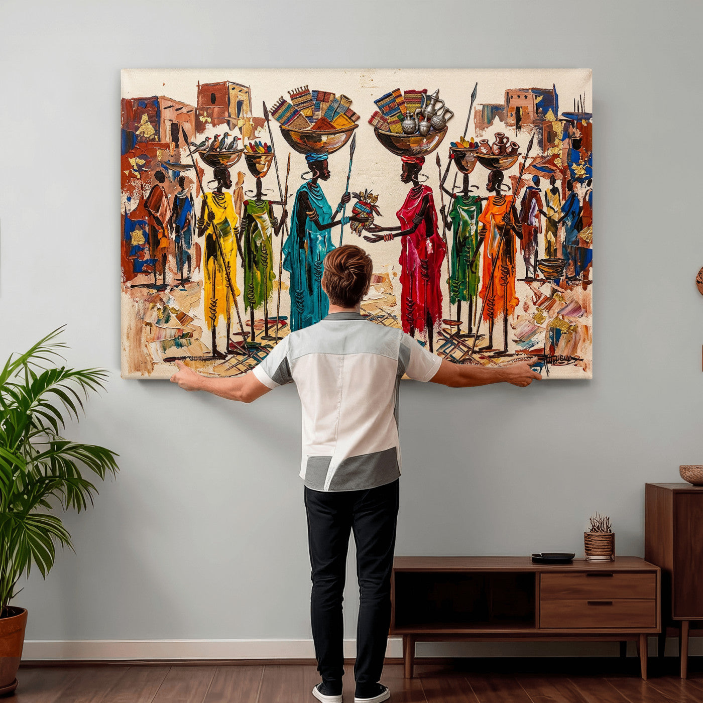 54818657-MGV-CV-36X24 - African Folk Art Canvas Wall Art, Colorful African Women Village Painting Print, Tribal Ethnic Home Decor, Vibrant African Art, Living Room