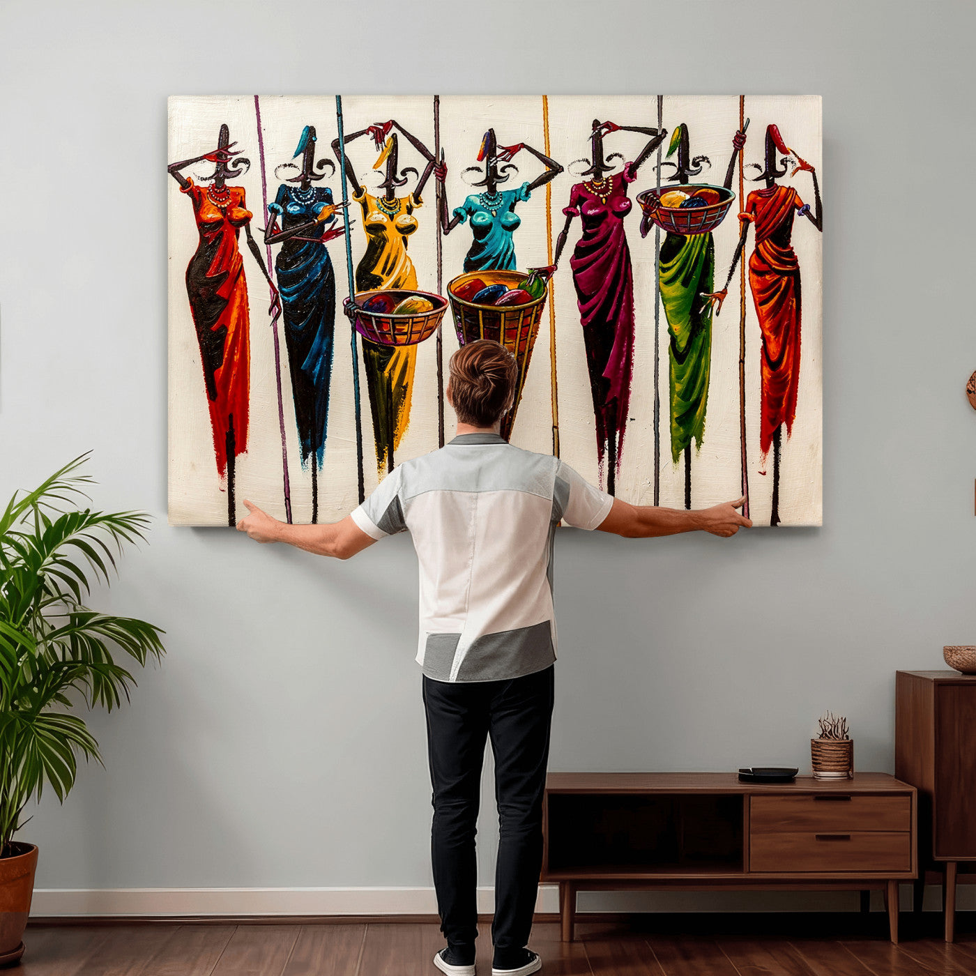 53545627-MGV-CV-36X24 - African Folk Art Canvas Wall Art, Colorful African Women Village Painting Print, Tribal Ethnic Home Decor, Vibrant African Art, Living Room