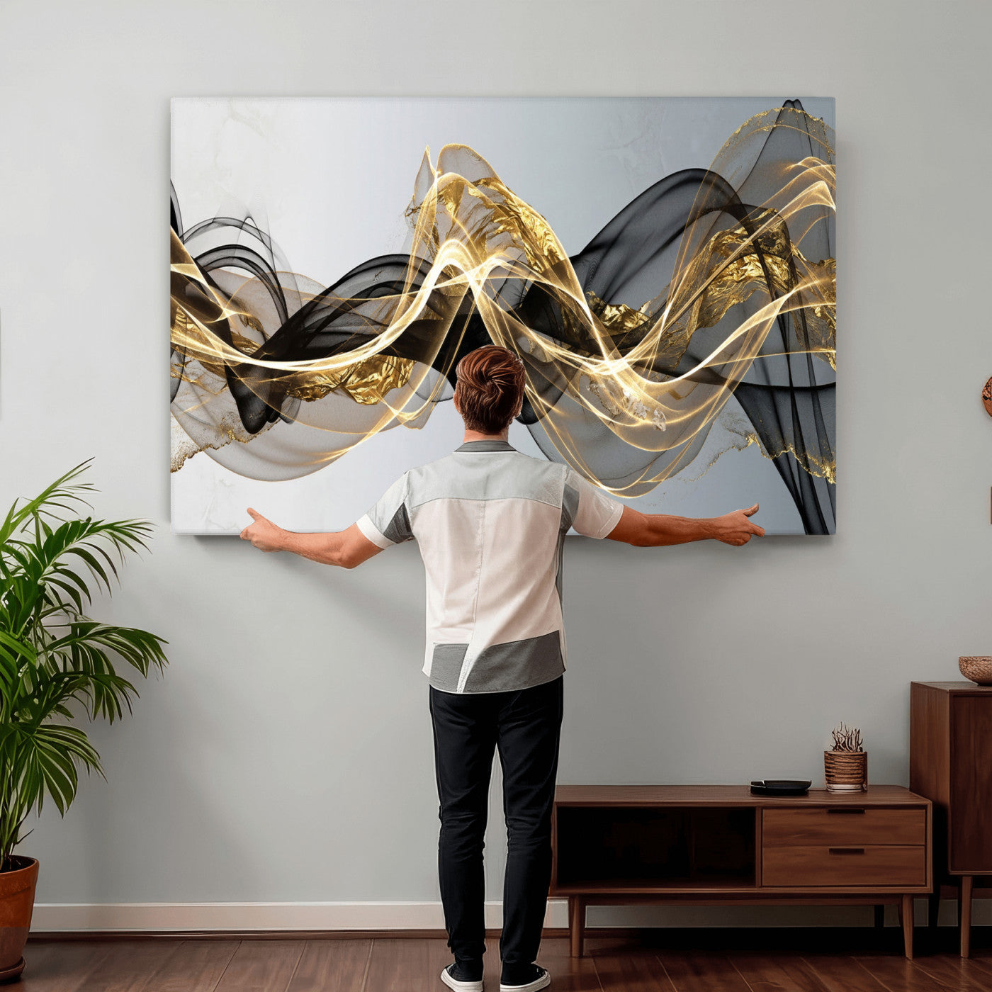 79483321DL-MGV-CV-36X24 - Black and Gold Abstract Wall Art, Modern Wave Canvas Print, Elegant Flowing Smoke Art, Luxury Living Room Decor