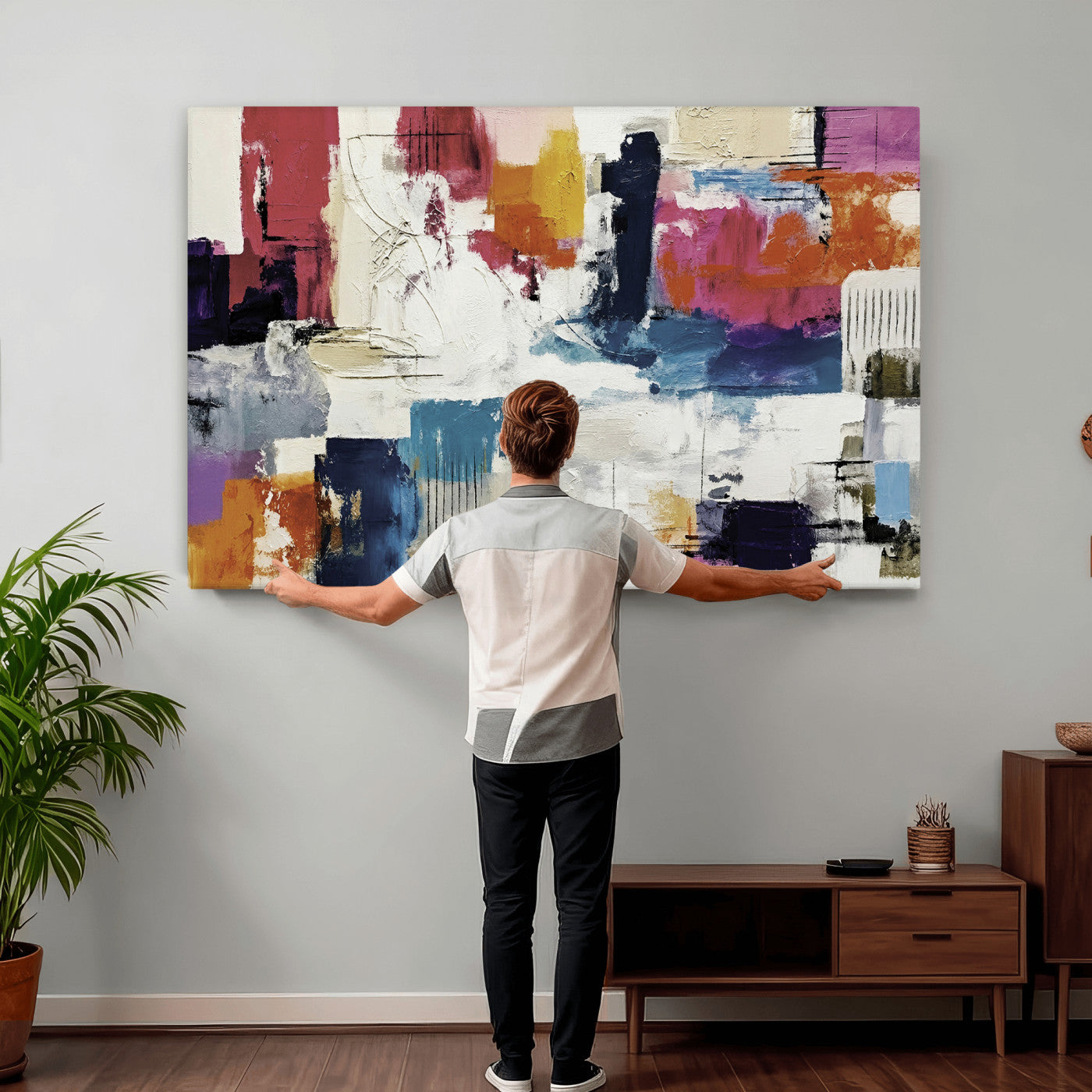 57864023-MGV-CV-36X24 - Blue Teal Abstract Canvas Wall Art, Modern Textured Painting Print, Navy Orange White Contemporary Art, Neutral Living Room Decor, Office Art