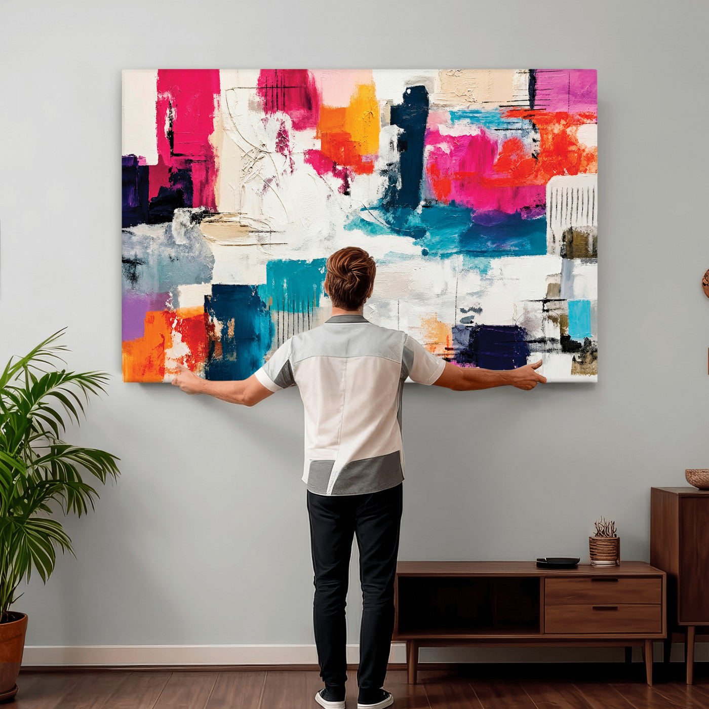 57864023-MGV-CV-36X24 - Blue Teal Abstract Canvas Wall Art | Modern Textured Painting Print, Navy Orange White Contemporary Art, Neutral Living Room Decor, Office Art
