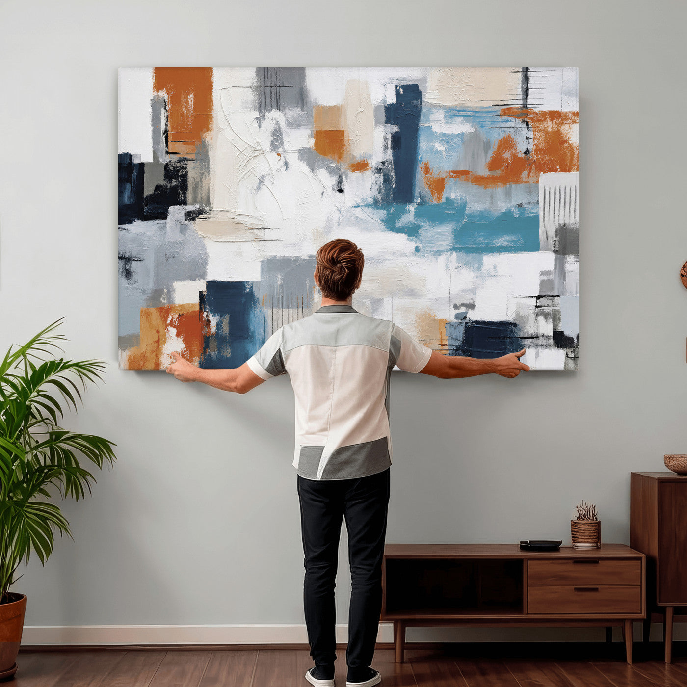 44950303-MGV-CV-36X24 - Blue Teal Abstract Canvas Wall Art, Modern Textured Painting Print, Navy Orange White Contemporary Art, Neutral Living Room Decor, Office Art