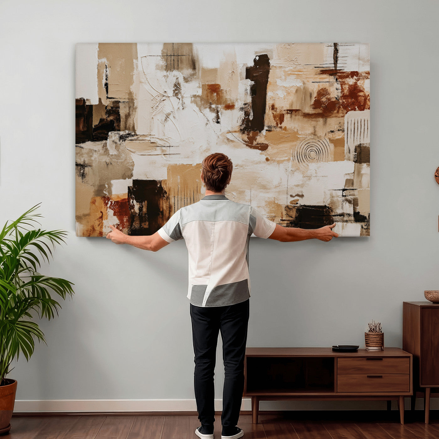 26560159-MGV-CV-36X24 - Blue Teal Abstract Canvas Wall Art, Modern Textured Painting Print, Navy Orange White Contemporary Art, Neutral Living Room Decor, Office Art