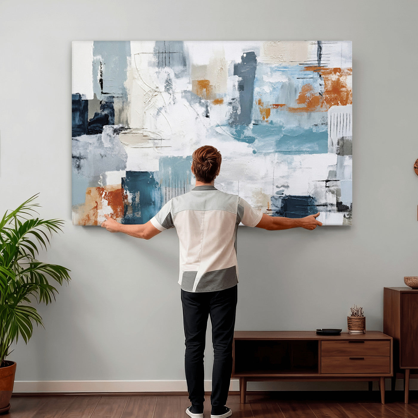 98638479-MGV-CV-36X24 - Blue Teal Abstract Canvas Wall Art, Modern Textured Painting Print, Navy Orange White Contemporary Art, Neutral Living Room Decor, Office Art