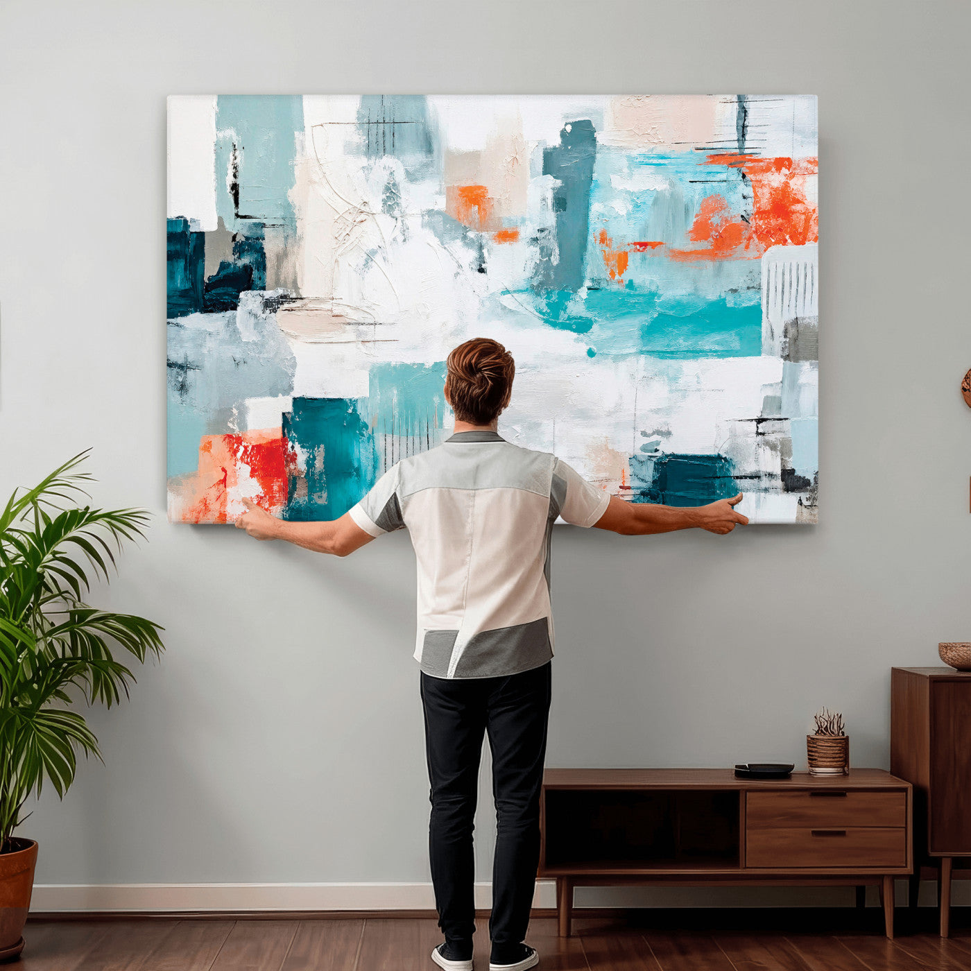 98638479-MGV-CV-36X24 - Blue Teal Abstract Canvas Wall Art | Modern Textured Painting Print, Navy Orange White Contemporary Art, Neutral Living Room Decor, Office Art