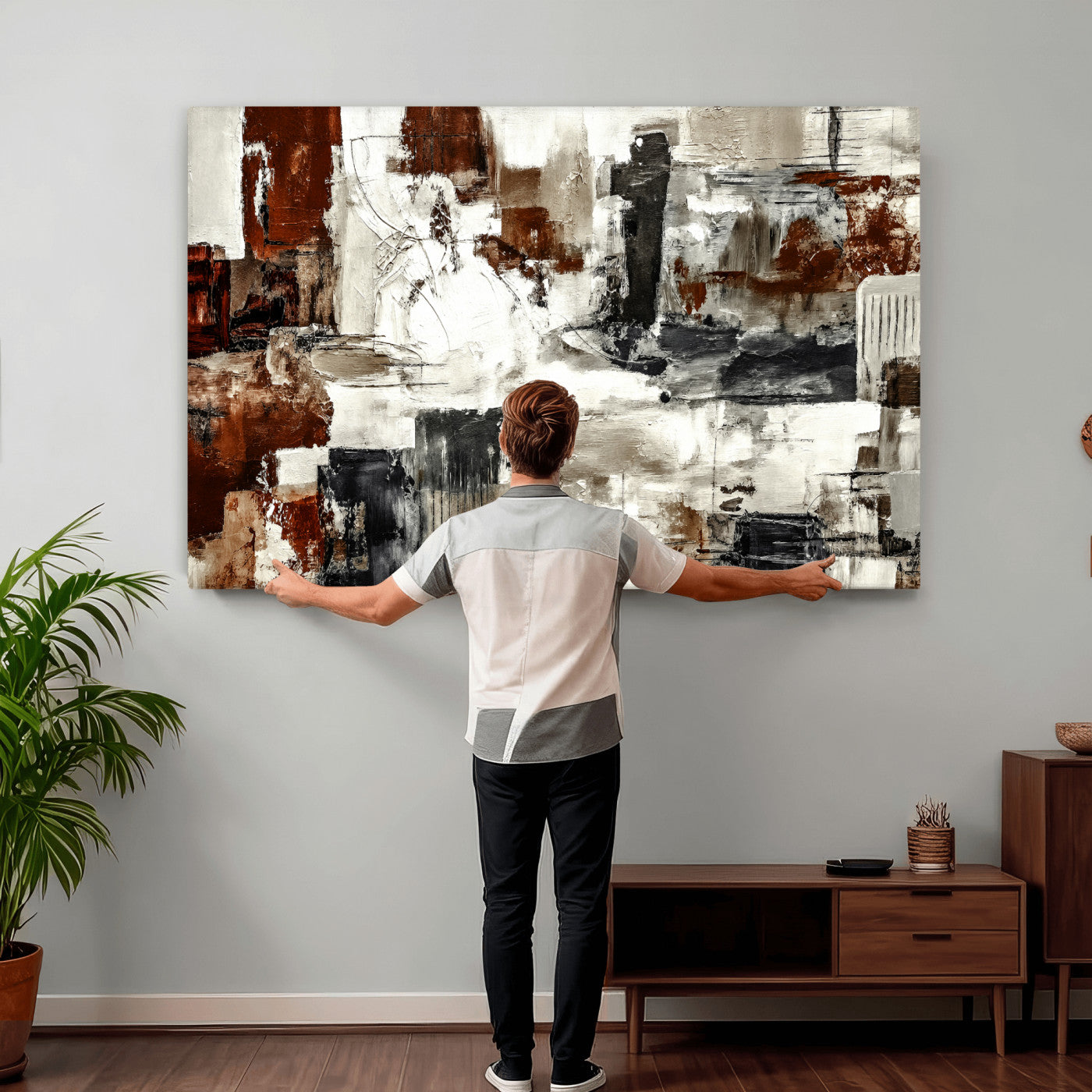 53022468-MGV-CV-36X24 - Blue Teal Abstract Canvas Wall Art, Modern Textured Painting Print, Navy Orange White Contemporary Art, Neutral Living Room Decor, Office Art