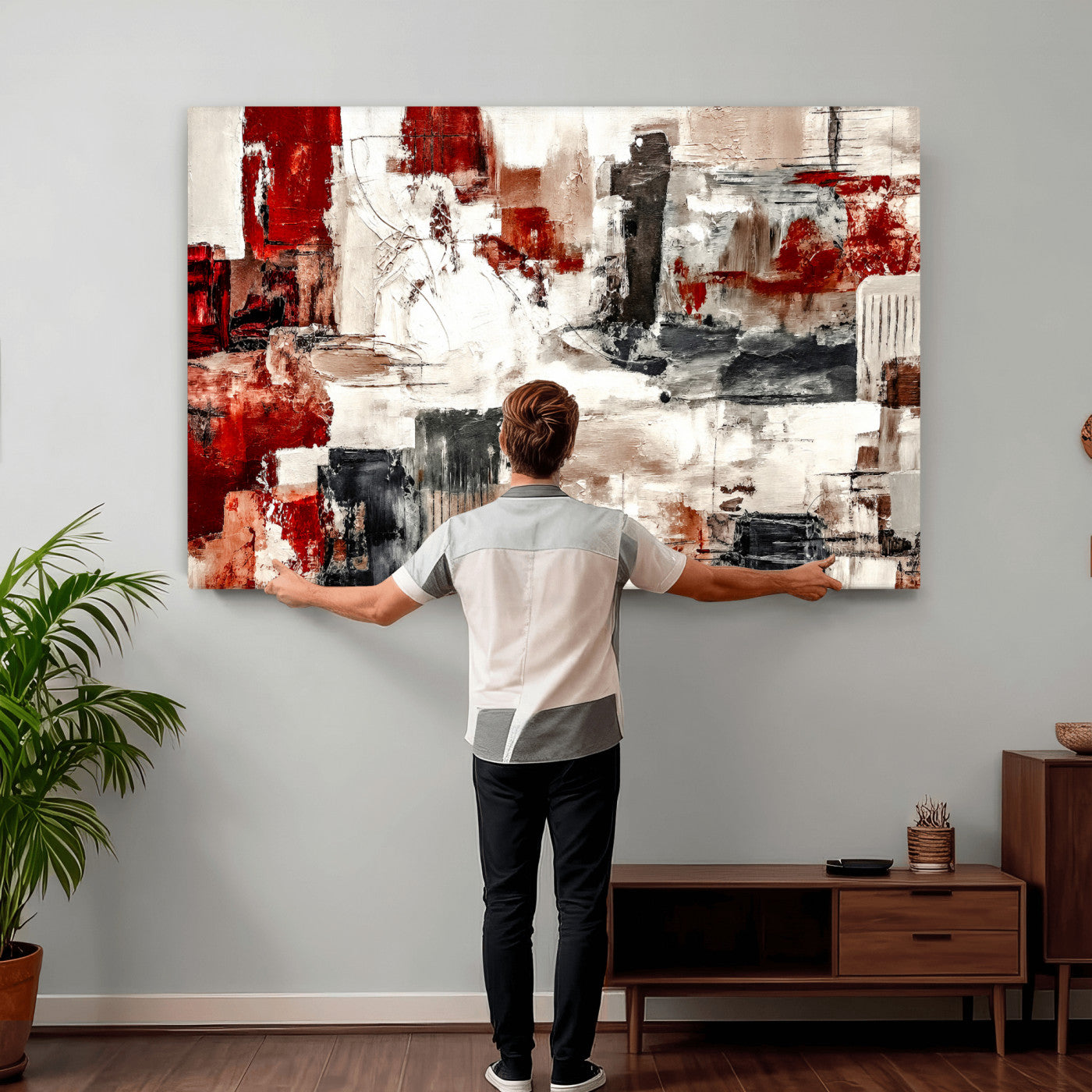 53022468-MGV-CV-36X24 - Blue Teal Abstract Canvas Wall Art, Modern Textured Painting Print, Navy Orange White Contemporary Art, Neutral Living Room Decor, Office Art