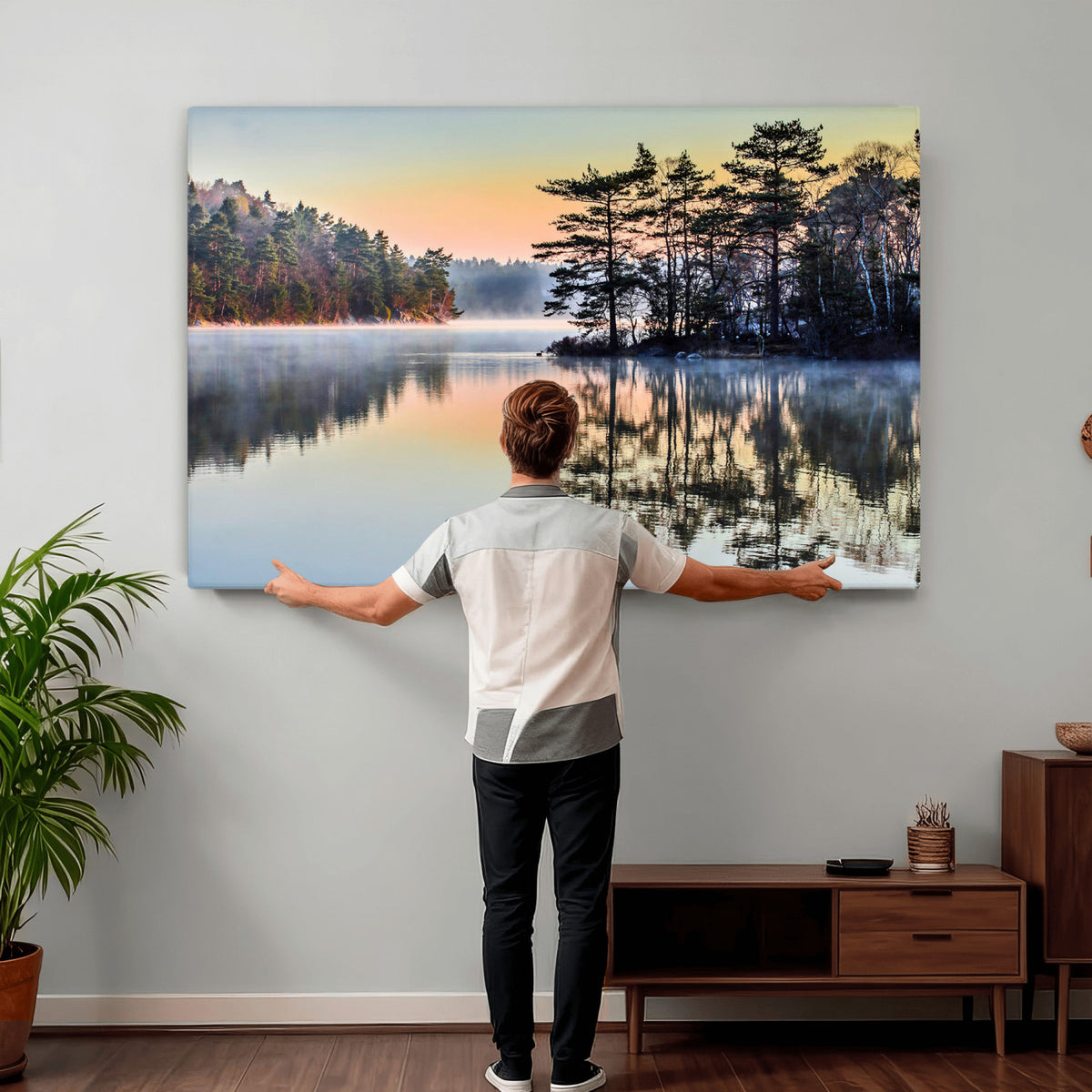 34236027-MGV-CV-36X24 - Before People Wake Canvas Wall Art Print, Misty Lake Sunrise Landscape, Forest Reflection Nature Decor, Ready to Hang