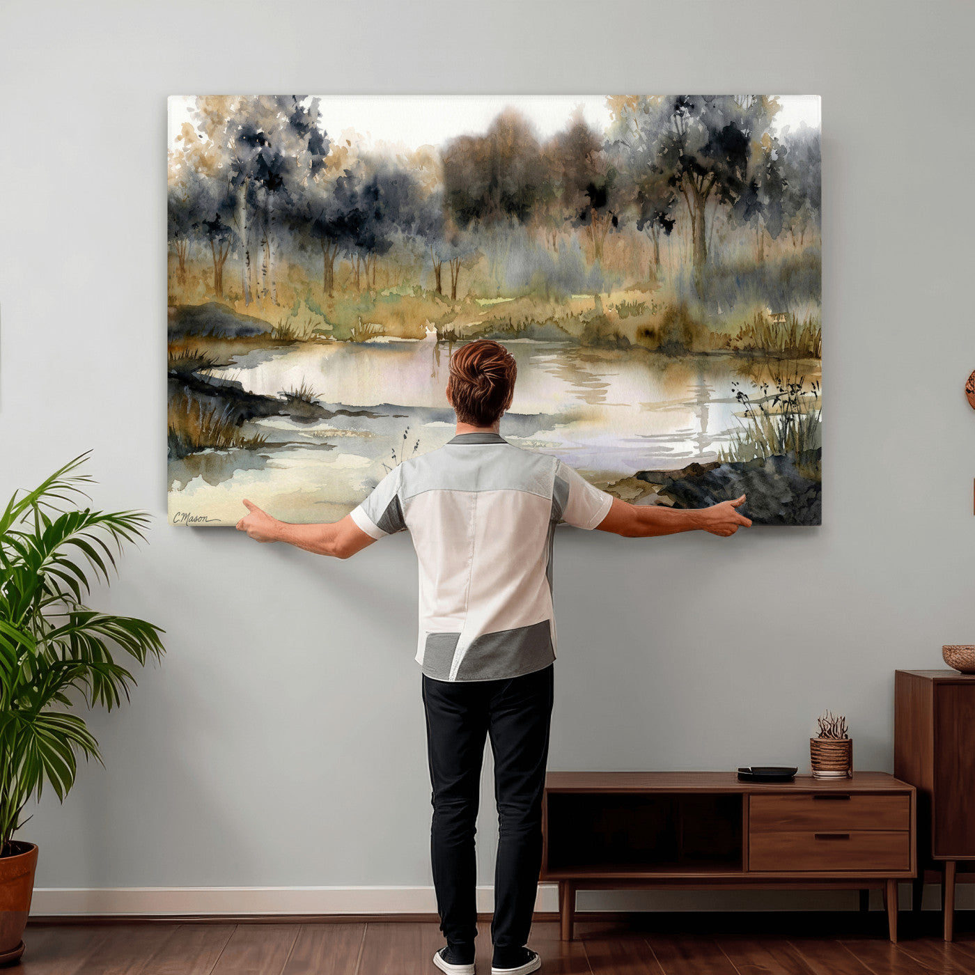 27383609-MGV-CV-36X24 - Abstract WatercolorAutumn Lake Canvas Wall Art Print, Misty Forest Landscape, Rustic Nature Painting, Cabin Wall Decor, Ready to Hang