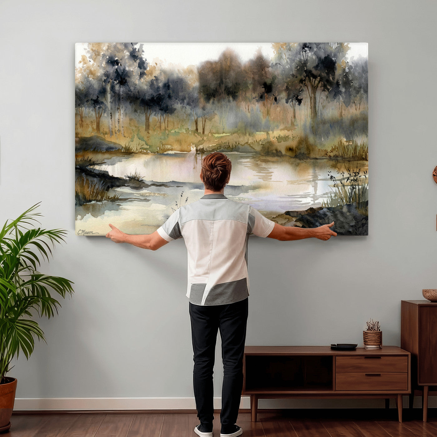 27383609-MGV-CV-36X24 - Abstract Watercolor Autumn Lake Canvas Wall Art Print - Misty Forest Landscape, Rustic Nature Painting, Cabin Wall Decor - Ready to Hang