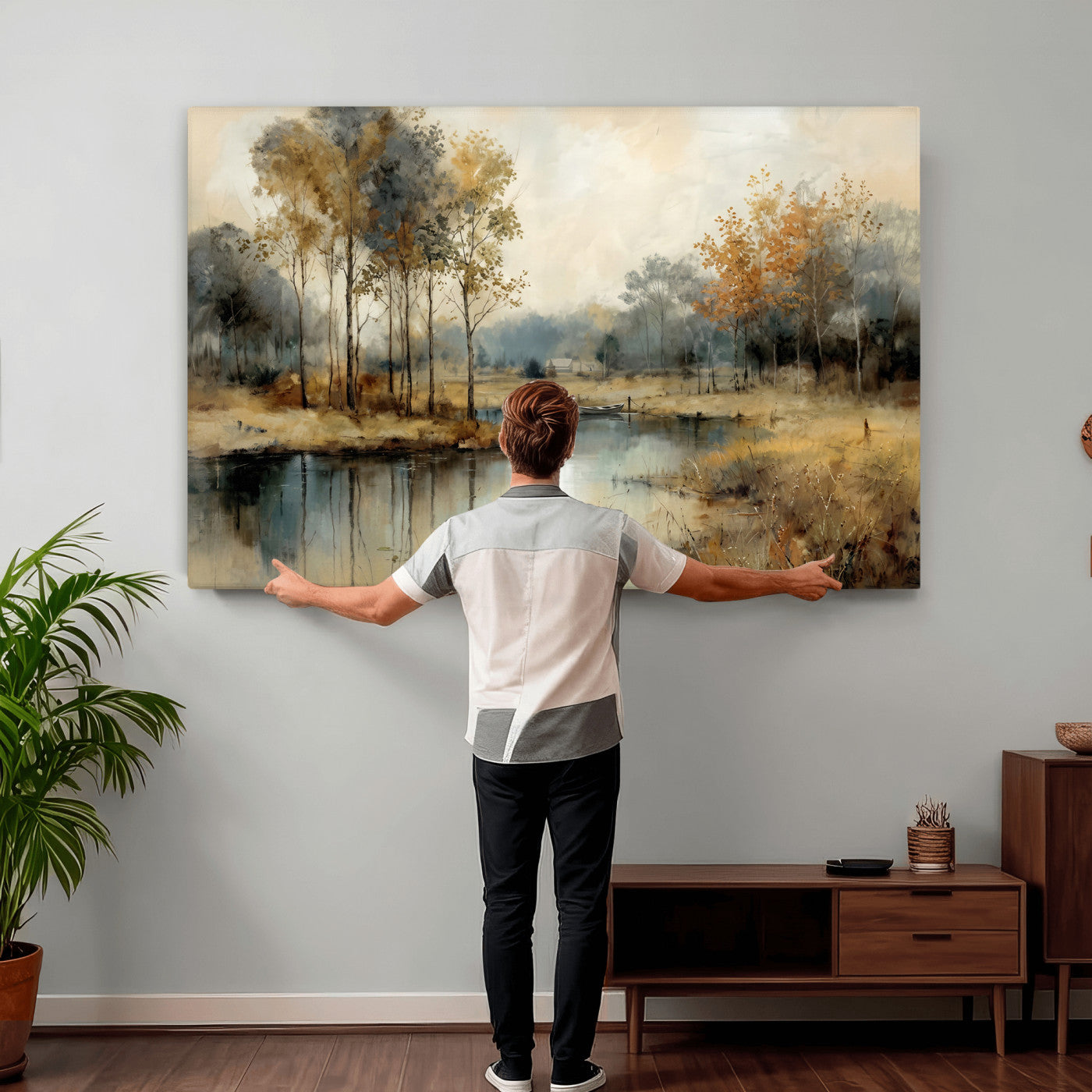 74391095-MGV-CV-36X24 - Abstract WatercolorAutumn Lake Canvas Wall Art Print, Misty Forest Landscape, Rustic Nature Painting, Cabin Wall Decor | Ready to Hang