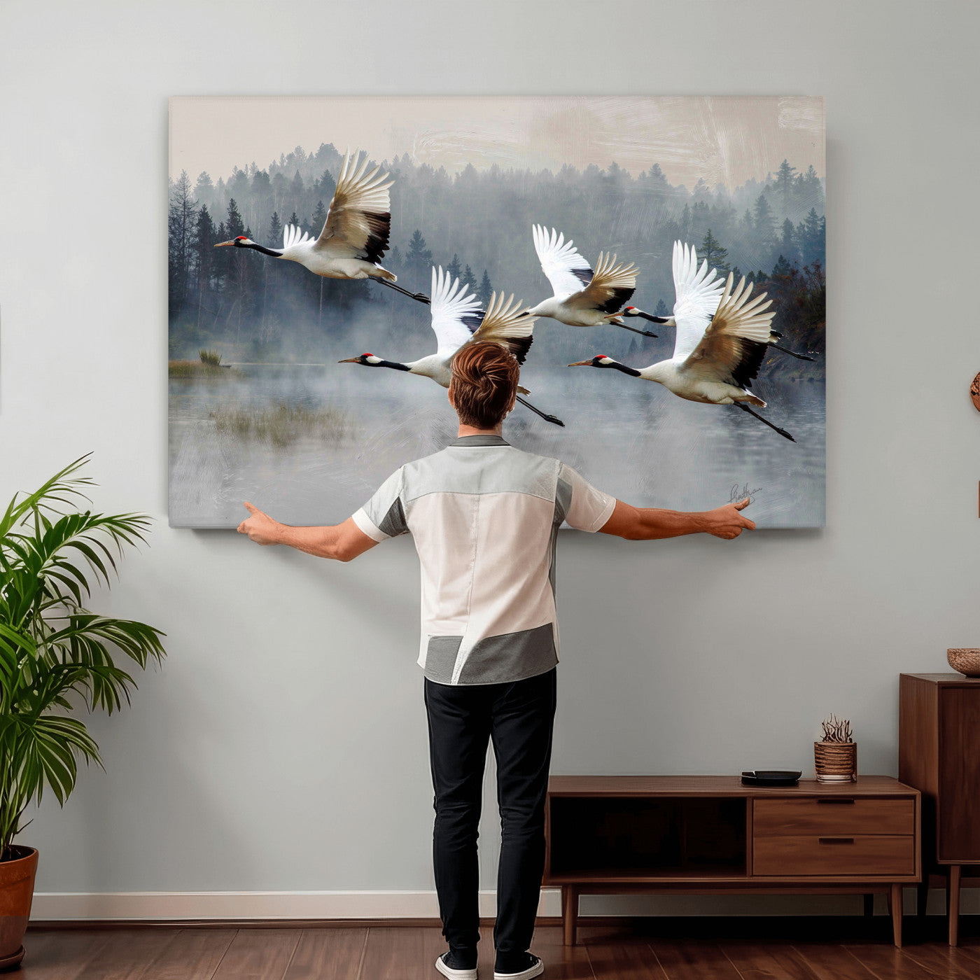 24356826-MGV-CV-36X24 - Flying Crane Canvas Wall Art Print, White Crane Bird Artwork, Wildlife Nature Decor, Lake Landscape Canvas, Ready to Hang