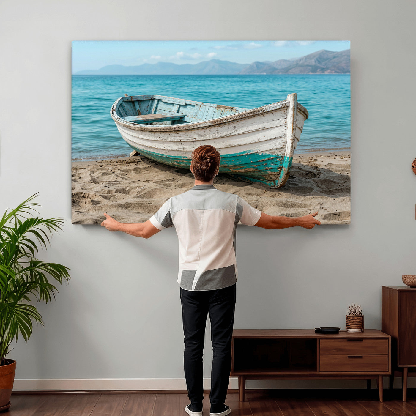 49963709-MGV-CV-36X24 - Coastal Boat Canvas Wall Art Print, Beach Boat Painting, Nautical Ocean Decor, Seascape Wall Art - Ready to Hang