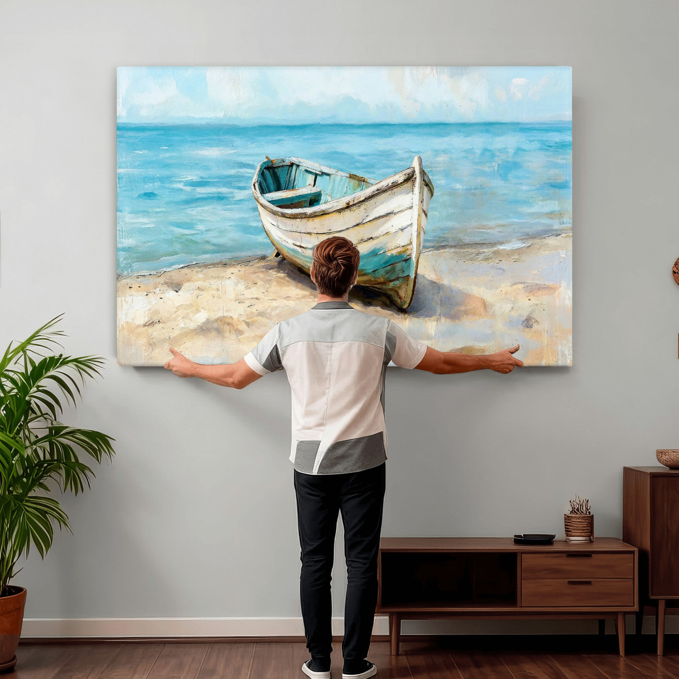 14780565-MGV-CV-36X24 - Coastal Boat Canvas Wall Art Print, Beach Boat Painting, Nautical Ocean Decor, Seascape Wall Art, Ready to Hang