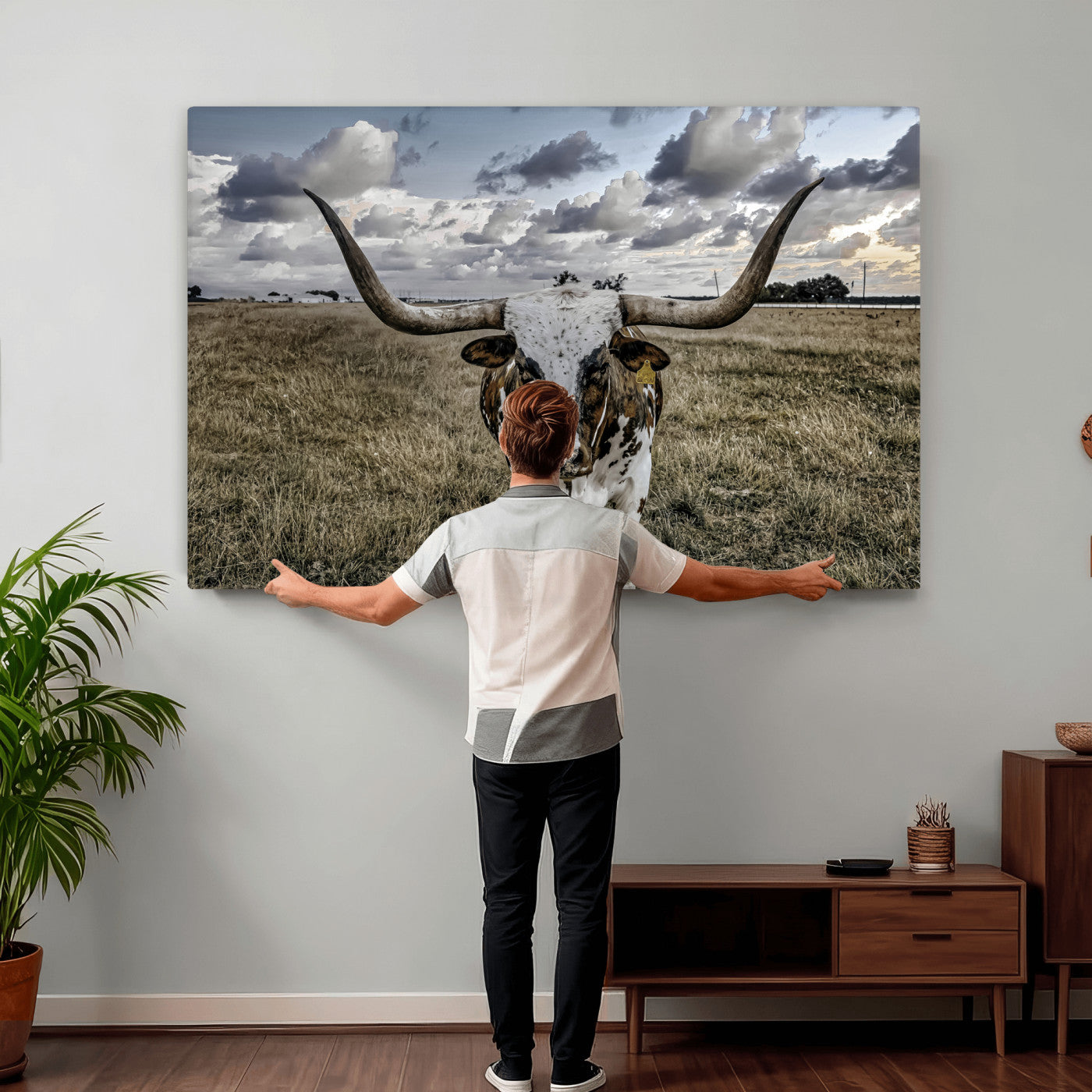 17464823-MGV-CV-36X24 - Texas Longhorn Canvas Wall Art Print, Western Cow Photography, Rustic Ranch Decor, Farmhouse Wall Art, Ready to Hang