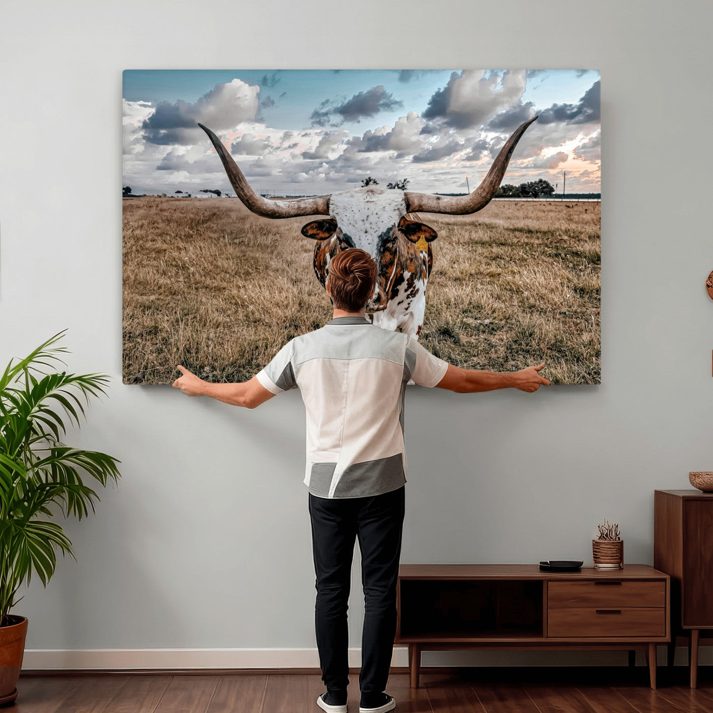 17464823-MGV-CV-36X24 - Texas Longhorn Canvas Wall Art Print, Western Cow Photography, Rustic Ranch Decor, Farmhouse Wall Art, Ready to Hang