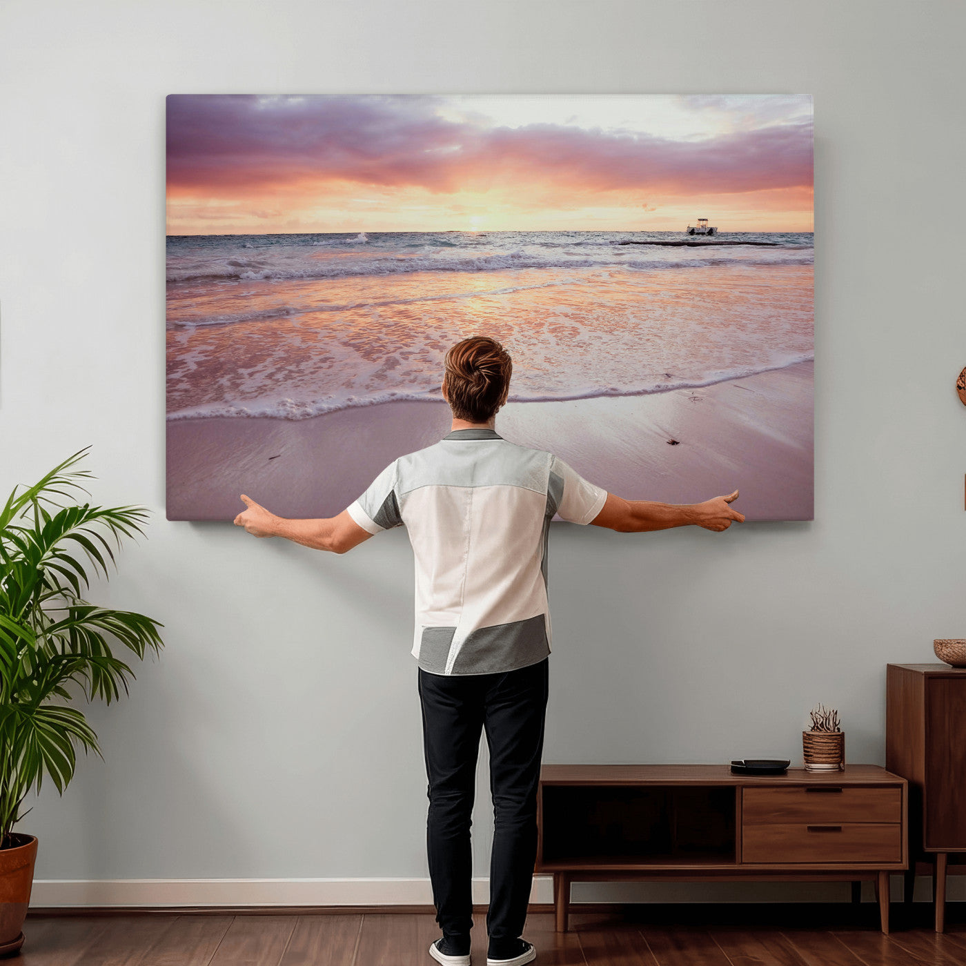 44765395-MGV-CV-36X24 - Beach Sunset Canvas Wall Art Print - Ocean Waves Landscape, Coastal Photography, Seascape Wall Decor, Ready to Hang