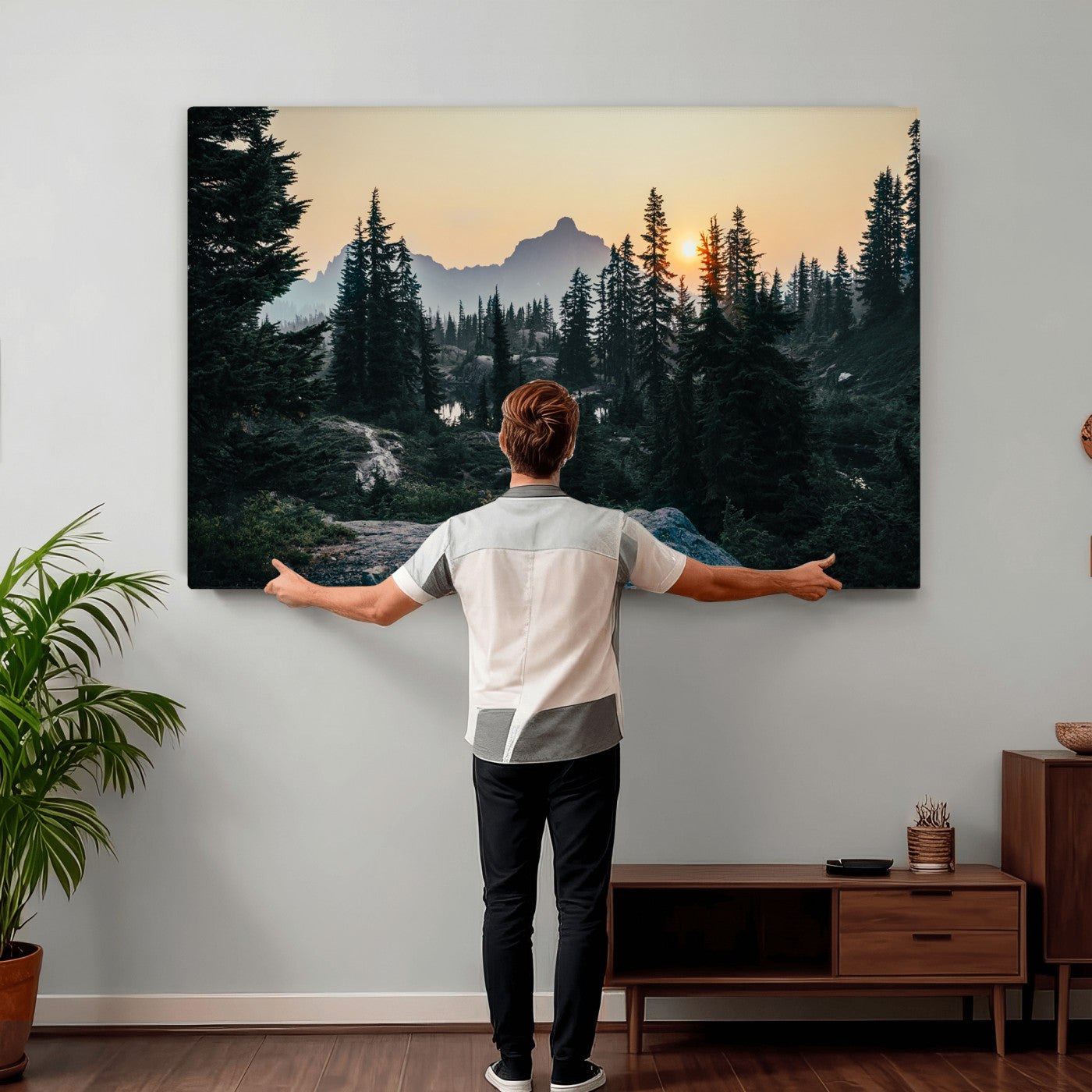 89996020-MGV-CV-36X24 - Mountain Forest Canvas Wall Art Print, Pine Tree Landscape, Sunset Nature Photography, Wilderness Wall Decor, Ready to Hang