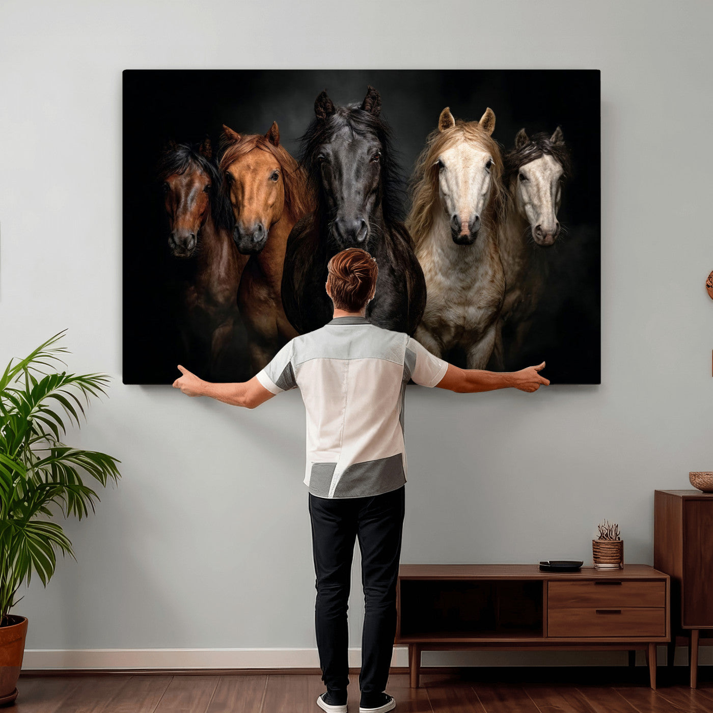 77696206-MGV-CV-36X24 - Horse Wall Art Canvas Print | Wild Horses Portrait Photography, Animal Horse Decor, Black Brown White Horse Herd