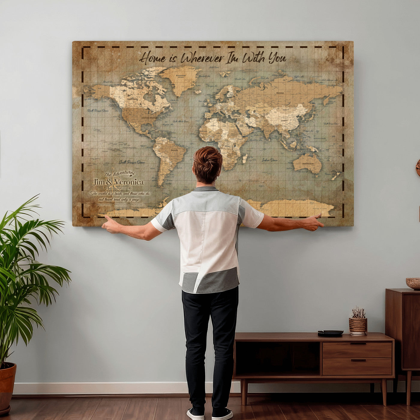 97123877-MGV-CV-36X24 - Vintage Custom Push Pin World Map Print - Vintage Travel Map Canvas, Personalized Names Anniversary Gift, Places Visited Pin Board