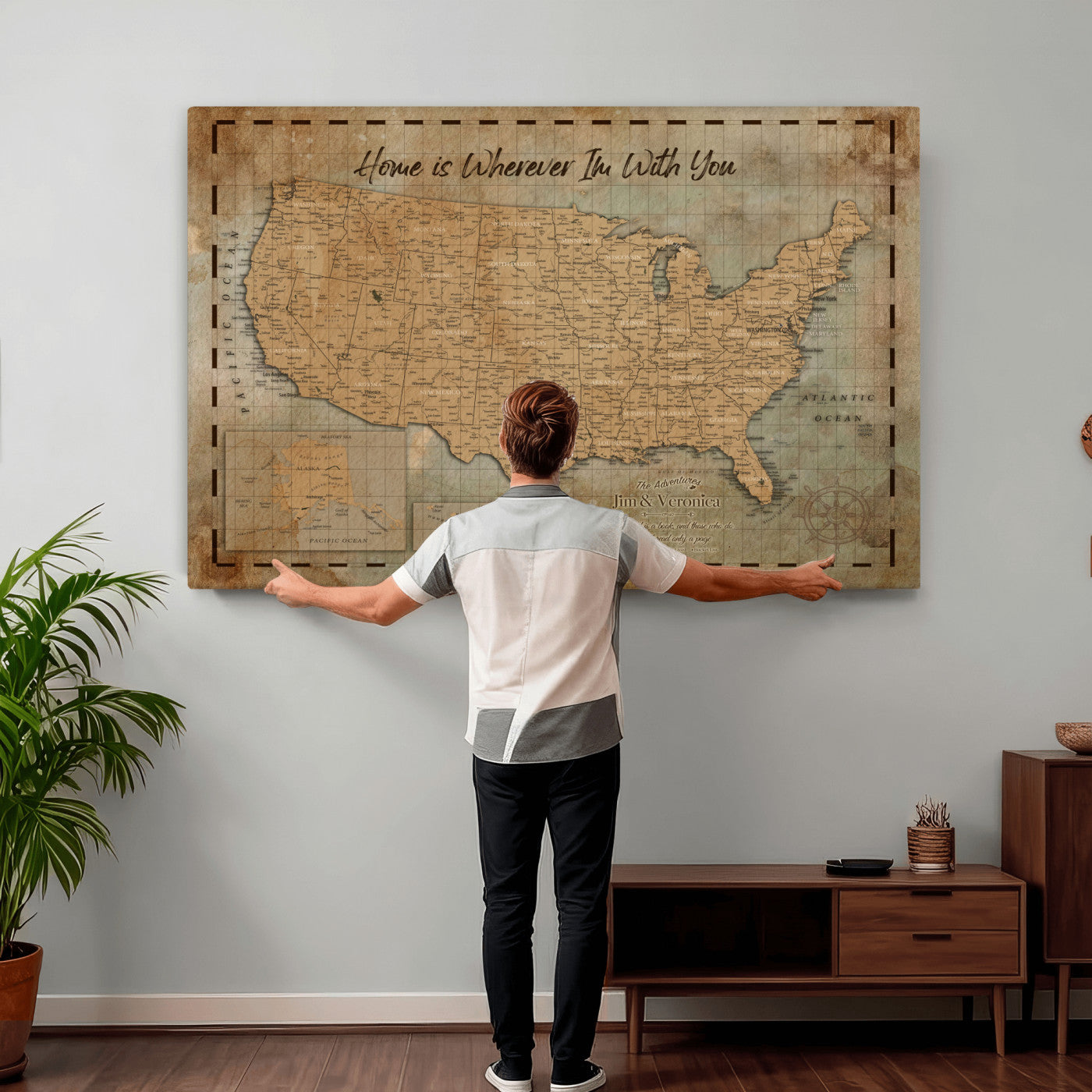 87620242-MGV-CV-36X24 - Personalized USA Push Pin Travel Map, Custom United States Map, Push Pin Map, USA Bucket List Map, Anniversary Gift, Couple Travel Map Wall Art