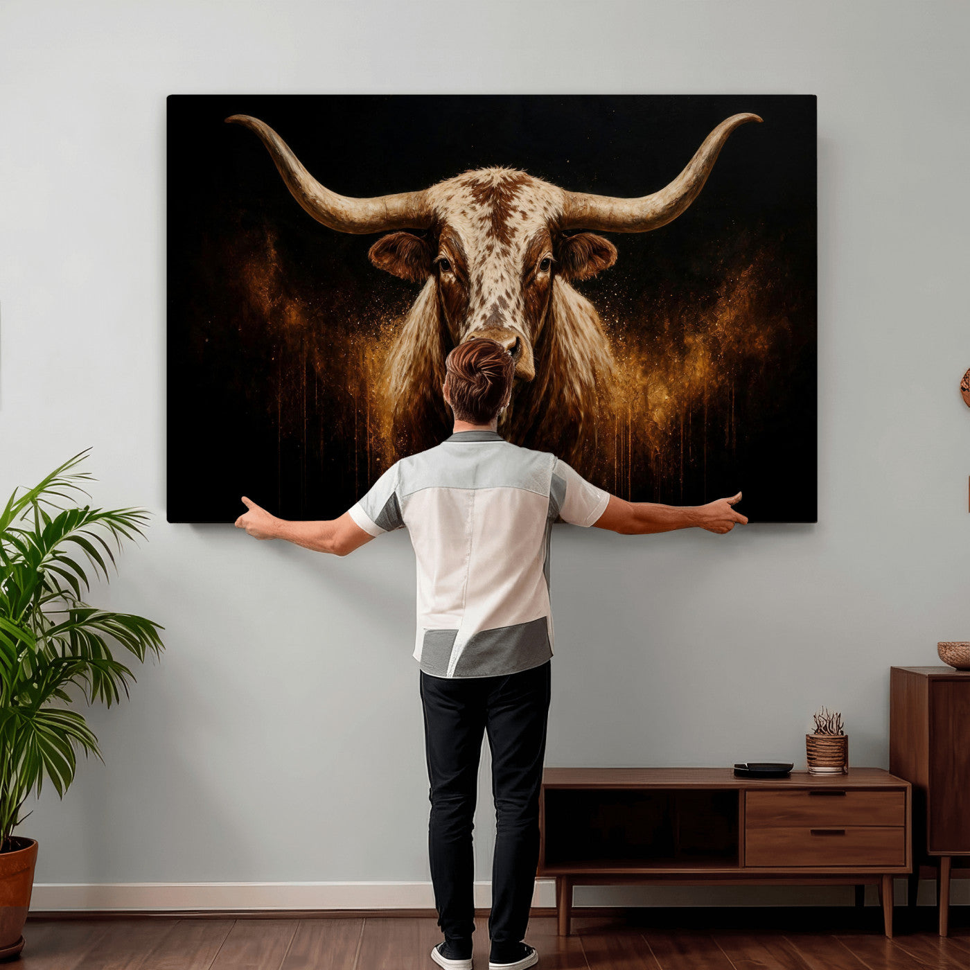 62076449-MGV-CV-36X24 - Texas Bull Cow Longhorn Canvas Wall Art Moody Western Bull Oil Painting Print