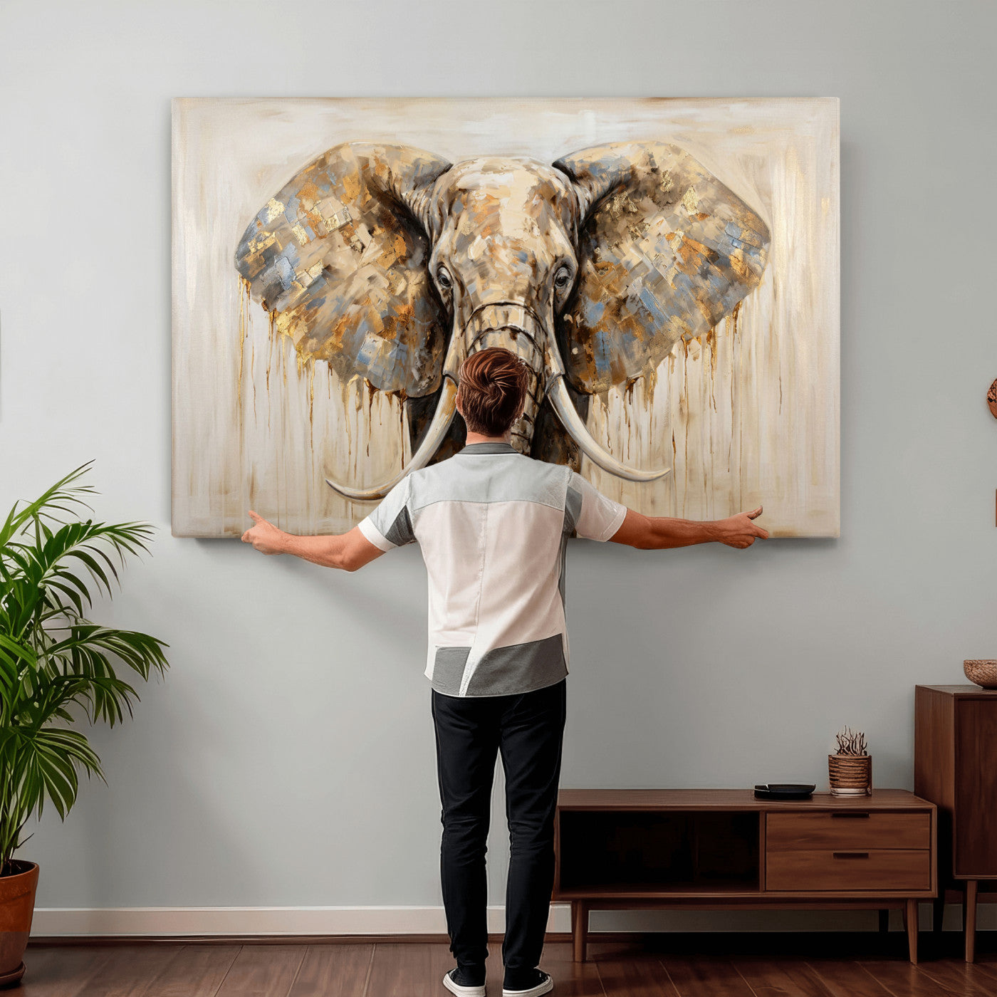 95819221-MGV-CV-36X24 - Gold Leaf Elephant Canvas Wall Art Abstract African Wildlife Painting Print