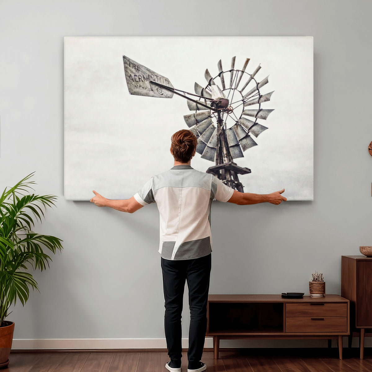 63200638-MGV-TP-30X20 - Vintage Rustic Farmhouse Windmill Canvas Wall Art - Western Country Landscape Print