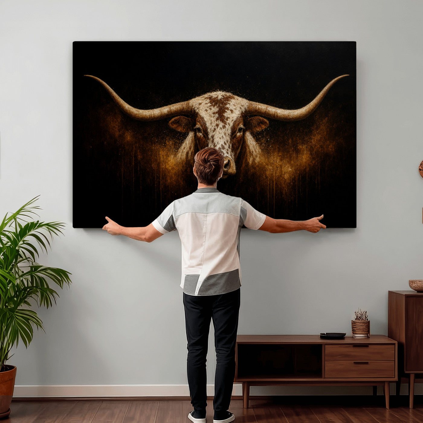 12628958-MGV-CV-36X24 - Texas Longhorn Canvas Wall Art Moody Western Bull Oil Painting Print