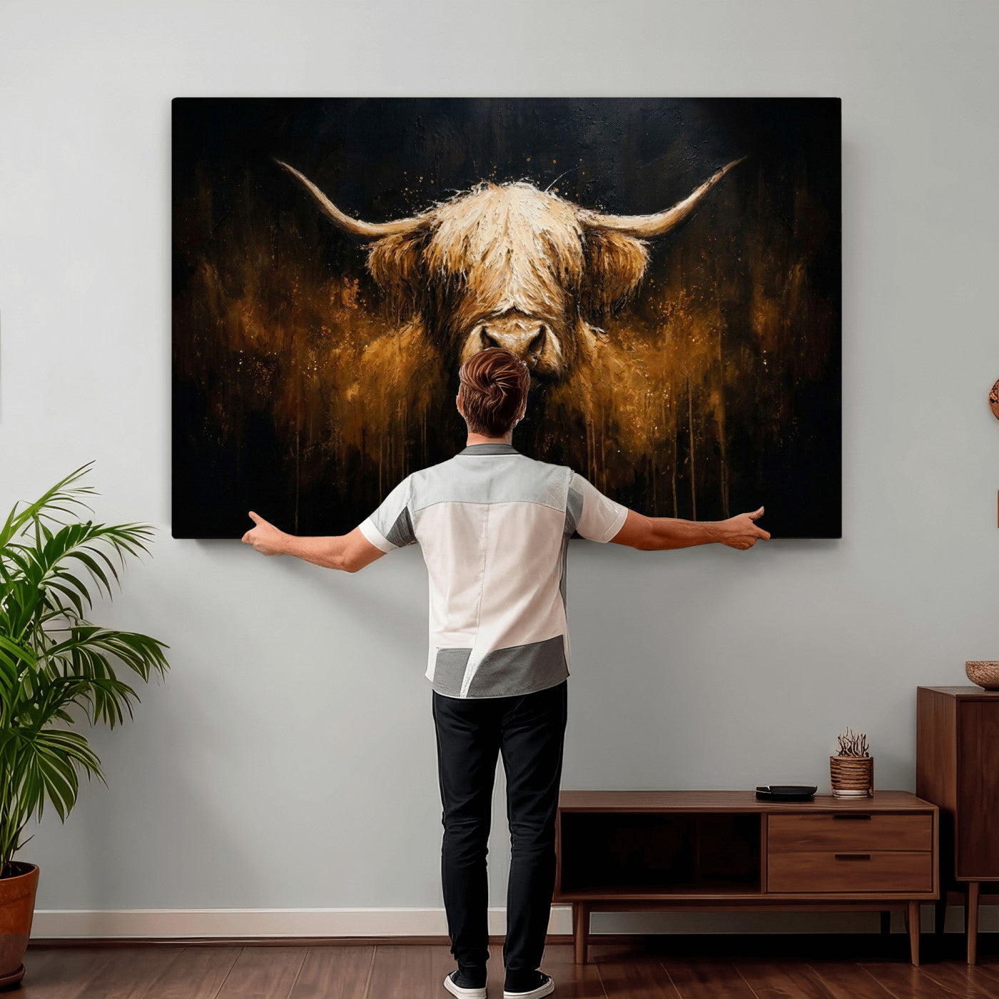 79873059-MGV-CV-36X24 - Rustic Highland Cow Canvas Print Dark Farmhouse Cattle Wall Decor