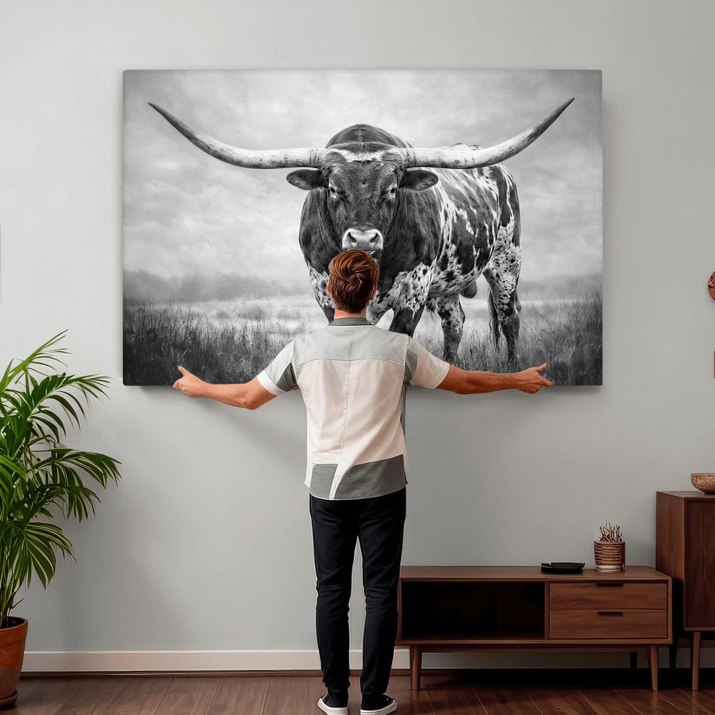 11121585-MGV-CV-36X24 - Texas Bull Wall Art Canvas Print for Farmhouse Restaurant Wall Decor