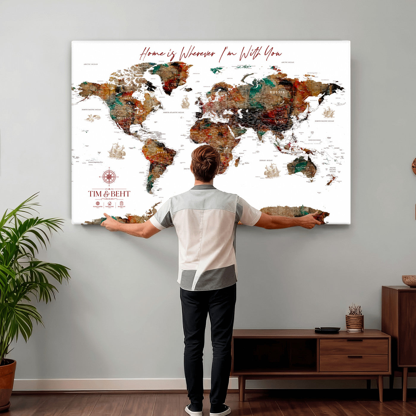 116MESUT-MGV-CV-36X24 - Custom Push Pin World Map Canvas Print – Personalized Travel Map Wall Art