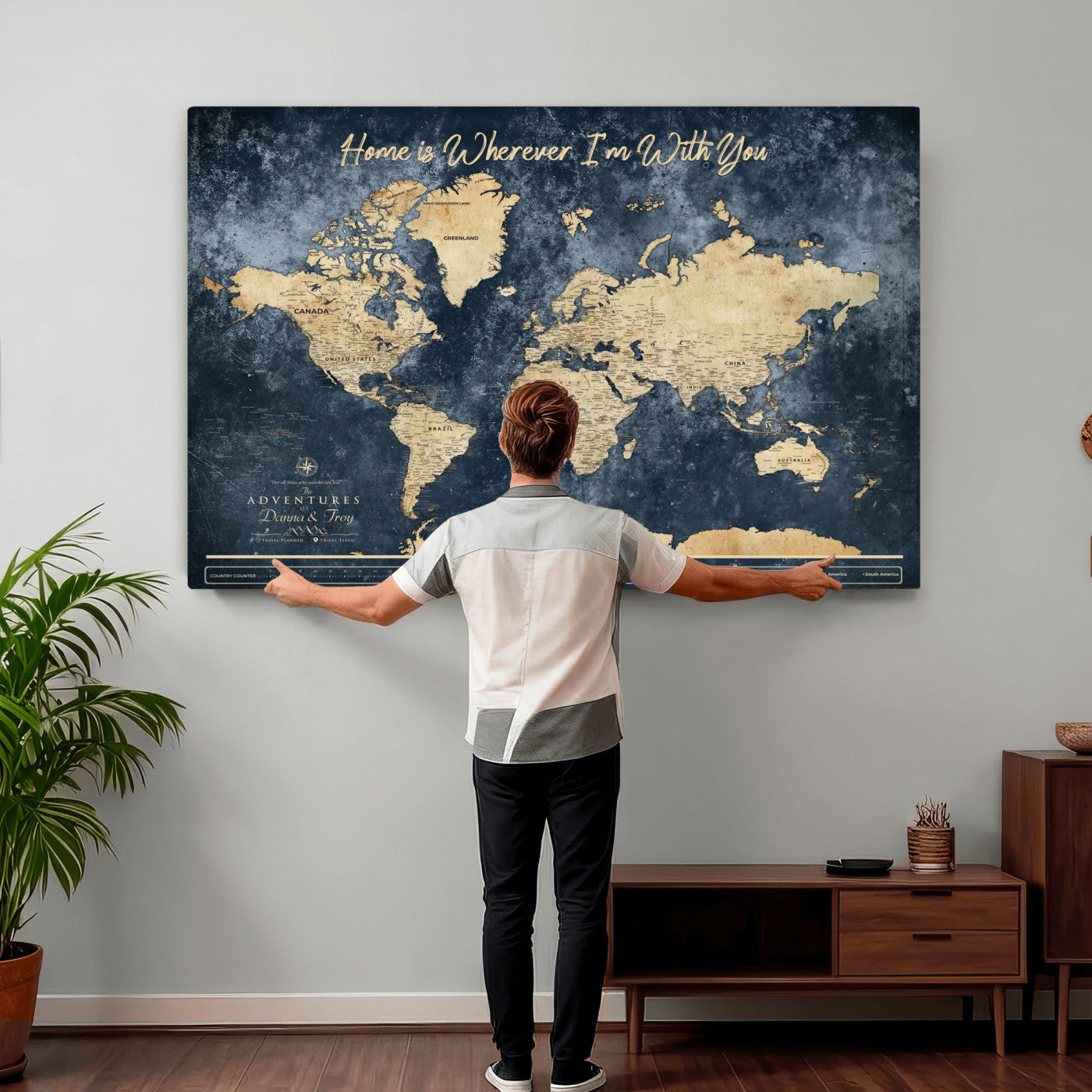 400867BL-MGV-CV-36X24 - Framed Blue Custom Push Pin World Map Canvas Print – Personalized Travel Map Wall Art