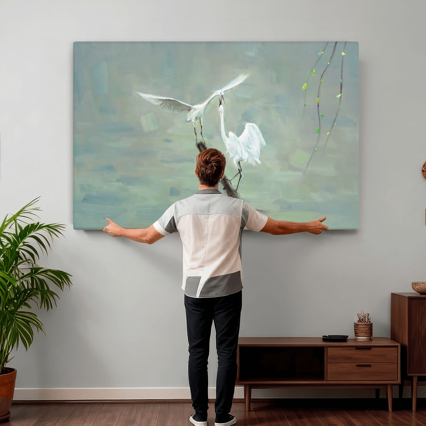 91124838-MGV-CV-36X24 - Two White Egrets on Marsh Branch Wall Art Canvas Print - Vintage Style Coastal Bird Poster