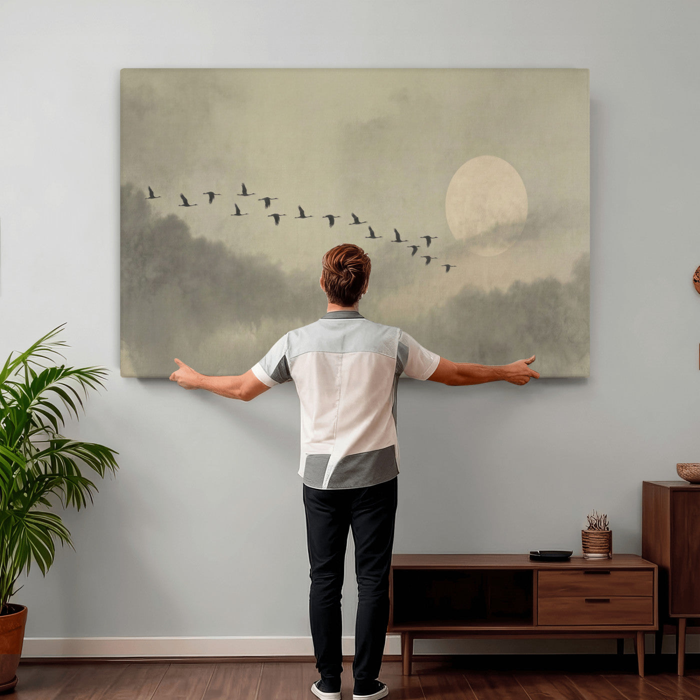 12098149-MGV-CV-36X24 - Flock of Birds Flying to Full Moon Wall Art Canvas Print - Vintage Surreal Clouds Painting