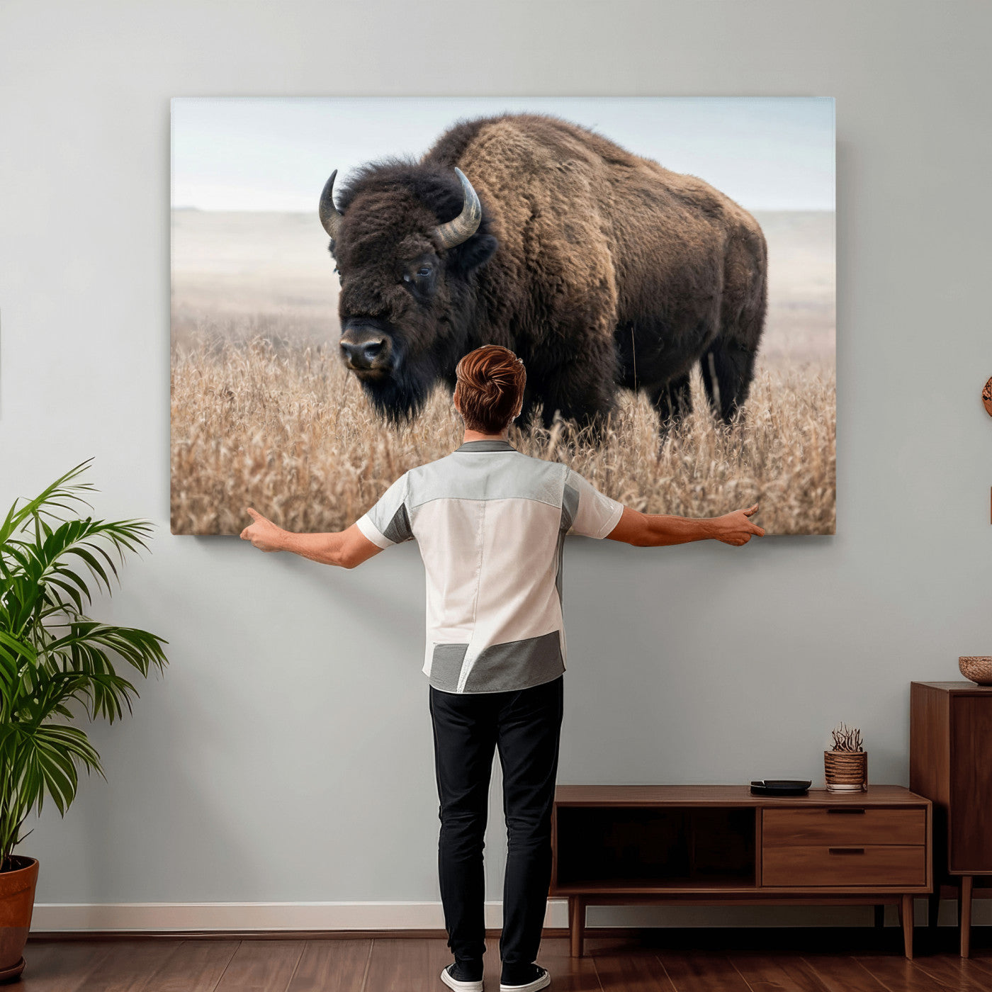 81029583-MGV-CV-36X24 - American Bison in Prairie Field Wall Art Canvas Print - Rustic Wildlife Photography