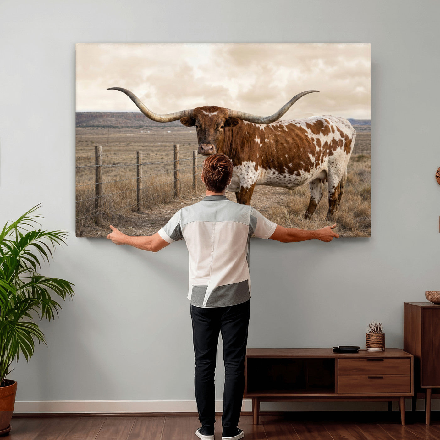 22808364-MGV-CV-36X24 - Texas Longhorn Cattle in Desert Pasture Wall Art Canvas Print - Rustic Western Decor