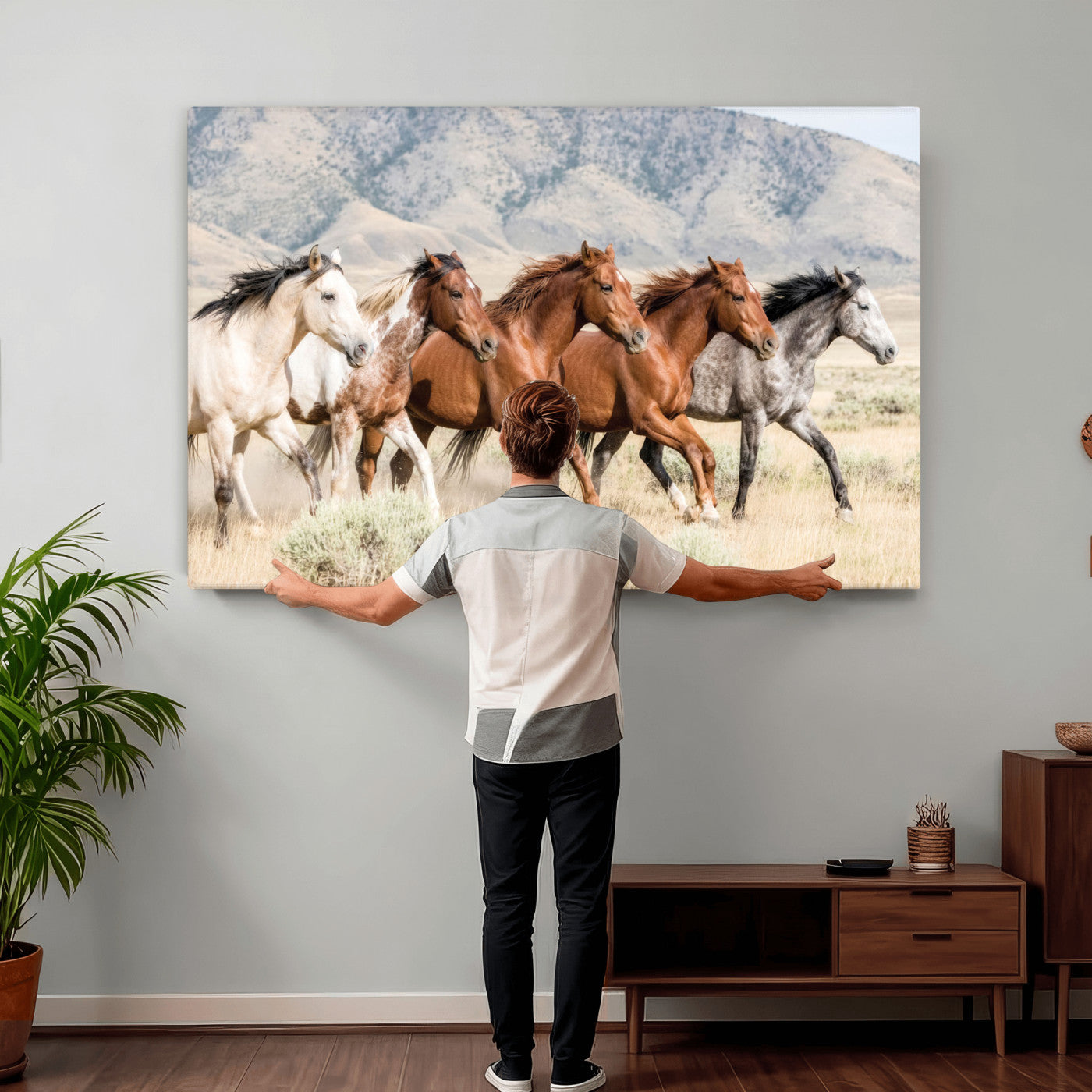 68345893-MGV-CV-36X24 - Five Mustangs Running Wild in Mountain Valley Wall Art Canvas Print - Rustic Western Decor